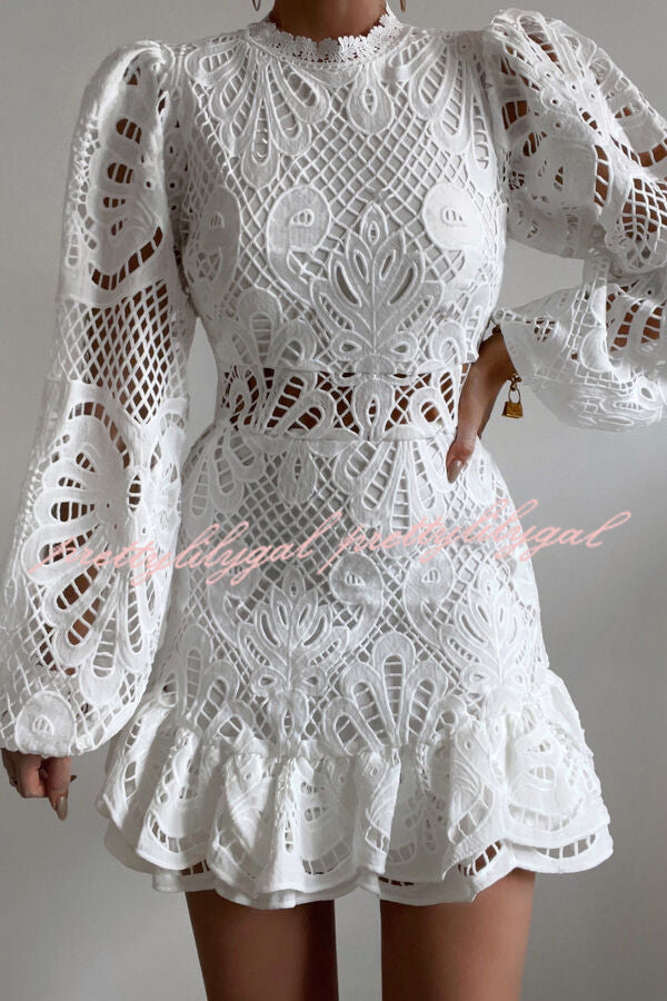 Elegant Solid Color Hollow Long Sleeve Waisted Lace Mini Dress for Women - Perfect for Parties, Dates & Special Occasions