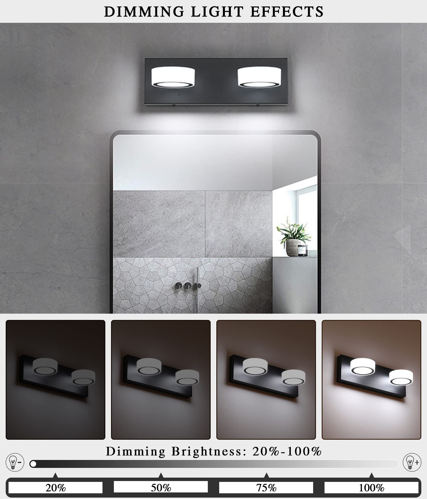 Joossnwell Modern Black LED Vanity Light - Dimmable Bathroom Lighting Fixture with 2 Lights, 6000K Cool White - Perfect for Mirror Wall Sconce in Bathroom, Bedroom, or Dressing Room