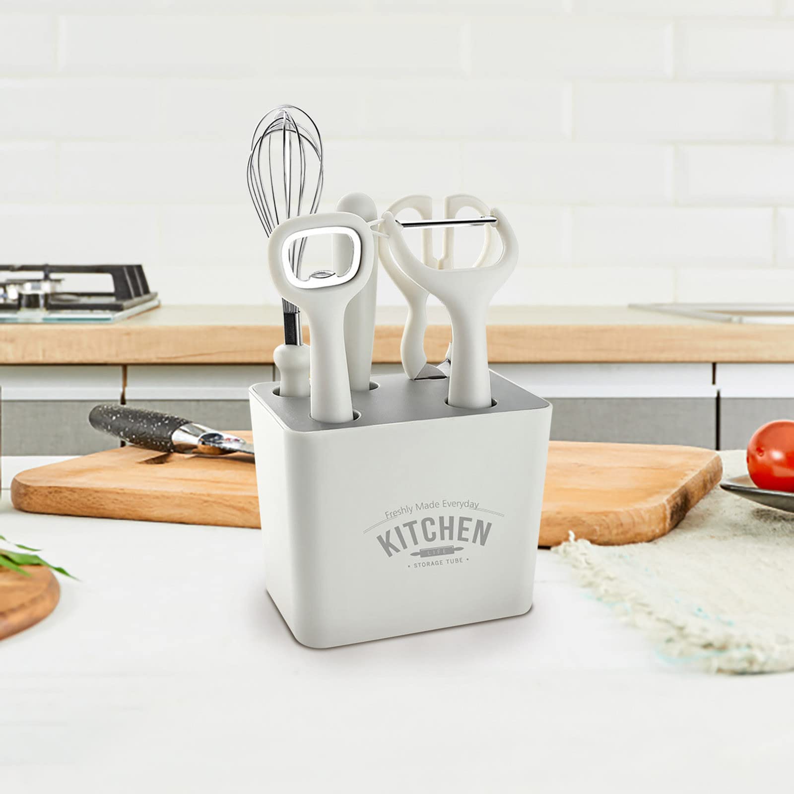 6-Piece Kitchen Tool Set with Stand - Includes Scissors, Paring Knife, Whisk, Bottle Opener & Peeler - Essential Cooking Gadgets for Baking, Meal Prep & Home Kitchen Organization