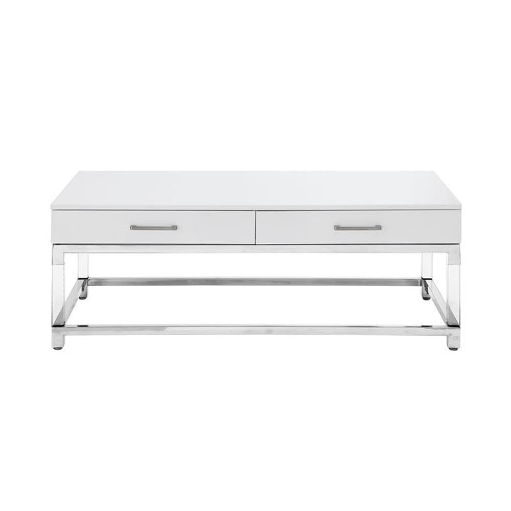 White/Chrome Metal Coffee Table with Acrylic Legs - Living Room Decor
