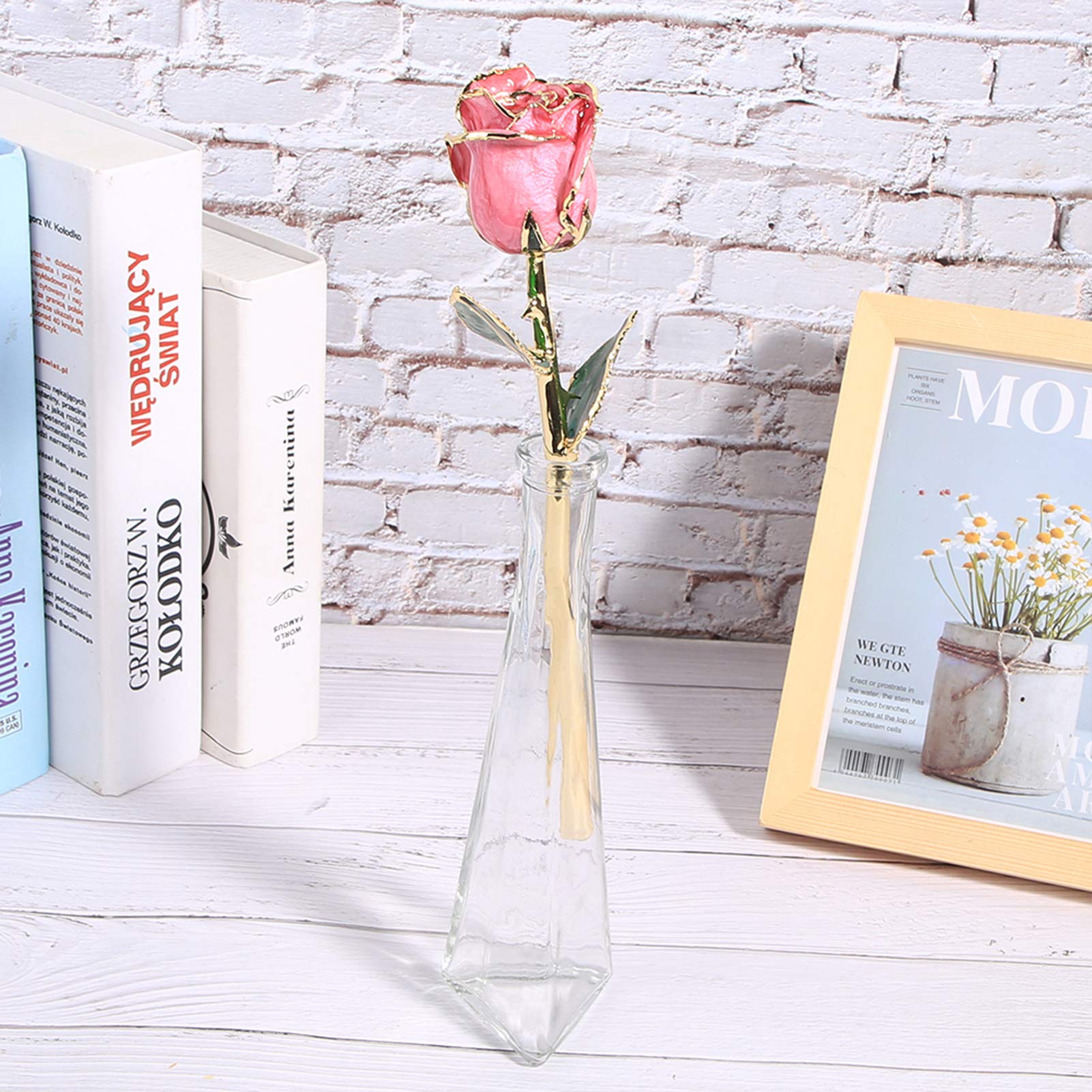 24K Gold-Plated Preserved Rose Flower Gift - Handmade Artificial Rose with Green Leaf & Base - Perfect for Wedding Decor, Mother's Day, Anniversary & Romantic Occasions