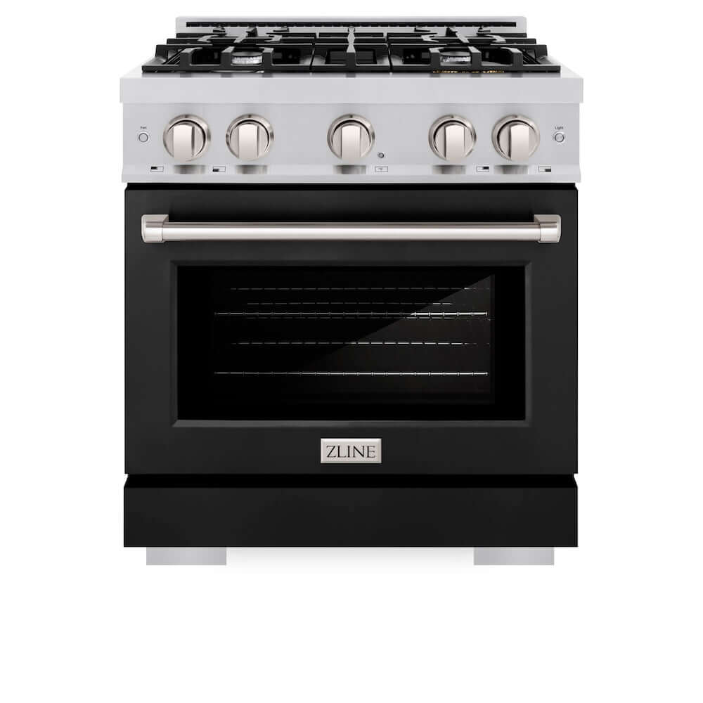 ZLINE 30 Inch 4.2 Cu. Ft. Stainless Steel Gas Range with 4 Burner Cooktop & Convection Oven - Black Matte Door (HGR BLM 30) | Perfect for Modern Kitchens, Home Chefs & Professional Cooking