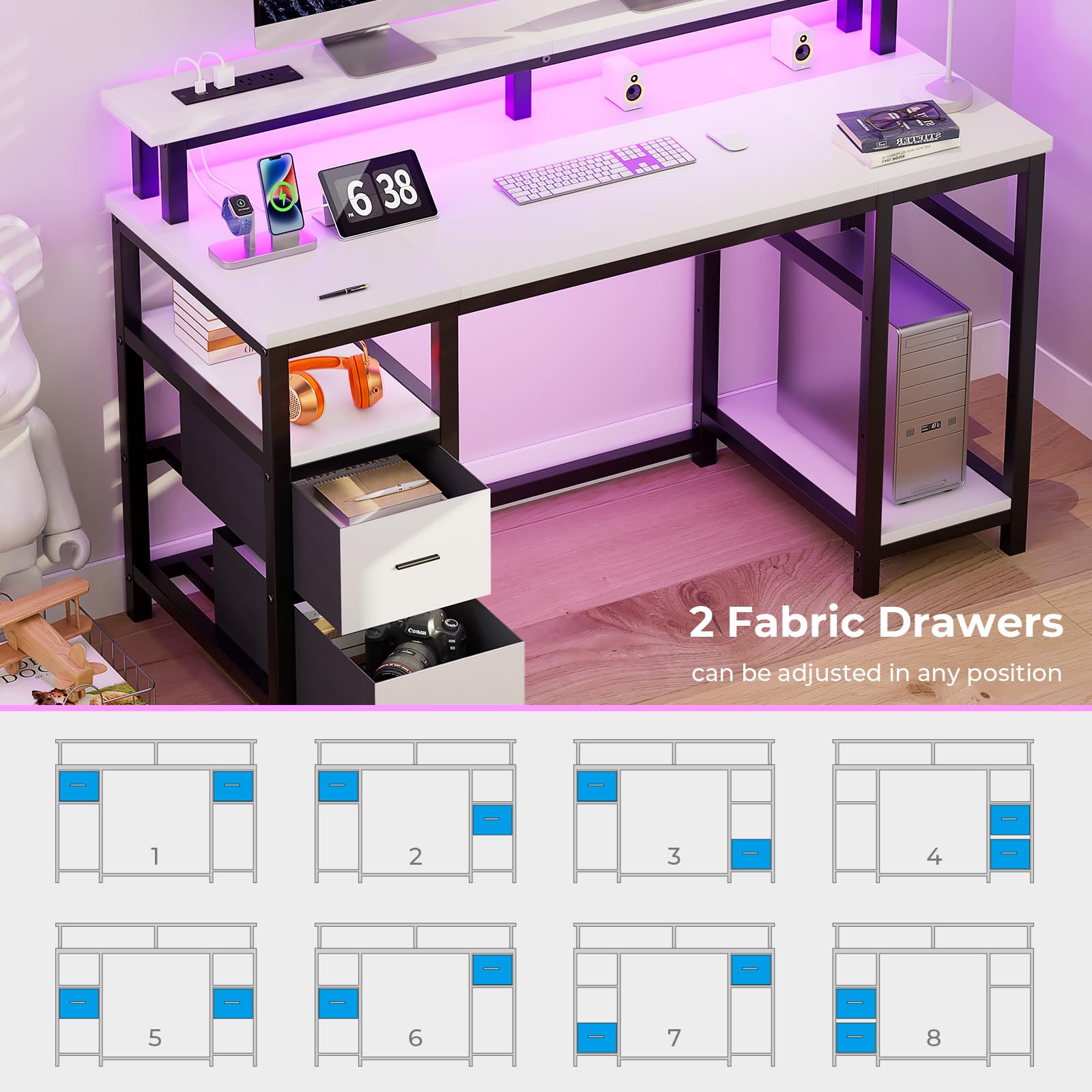 GreenForest 50 Inch Computer Desk with Monitor Stand, LED Lights & Power Outlets - Gaming & Office Desk with 2 Fabric Drawers & Shelves, White - Perfect for Home Office, Gaming Setup & Workspace Organization