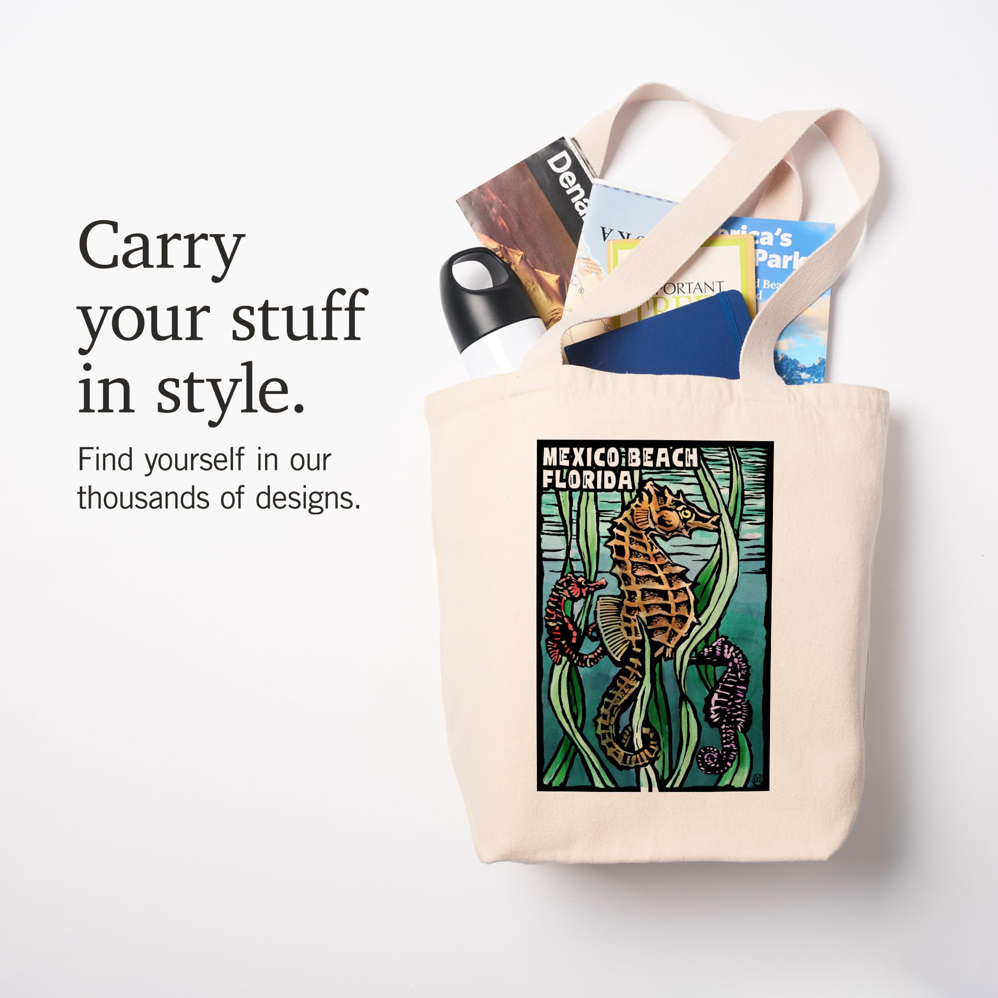 Lantern Press Mexico Beach Florida Seahorse Scratchboard Tote Bag - 100% Cotton Canvas Reusable Shopping Bag for Beach, Grocery & Everyday Use