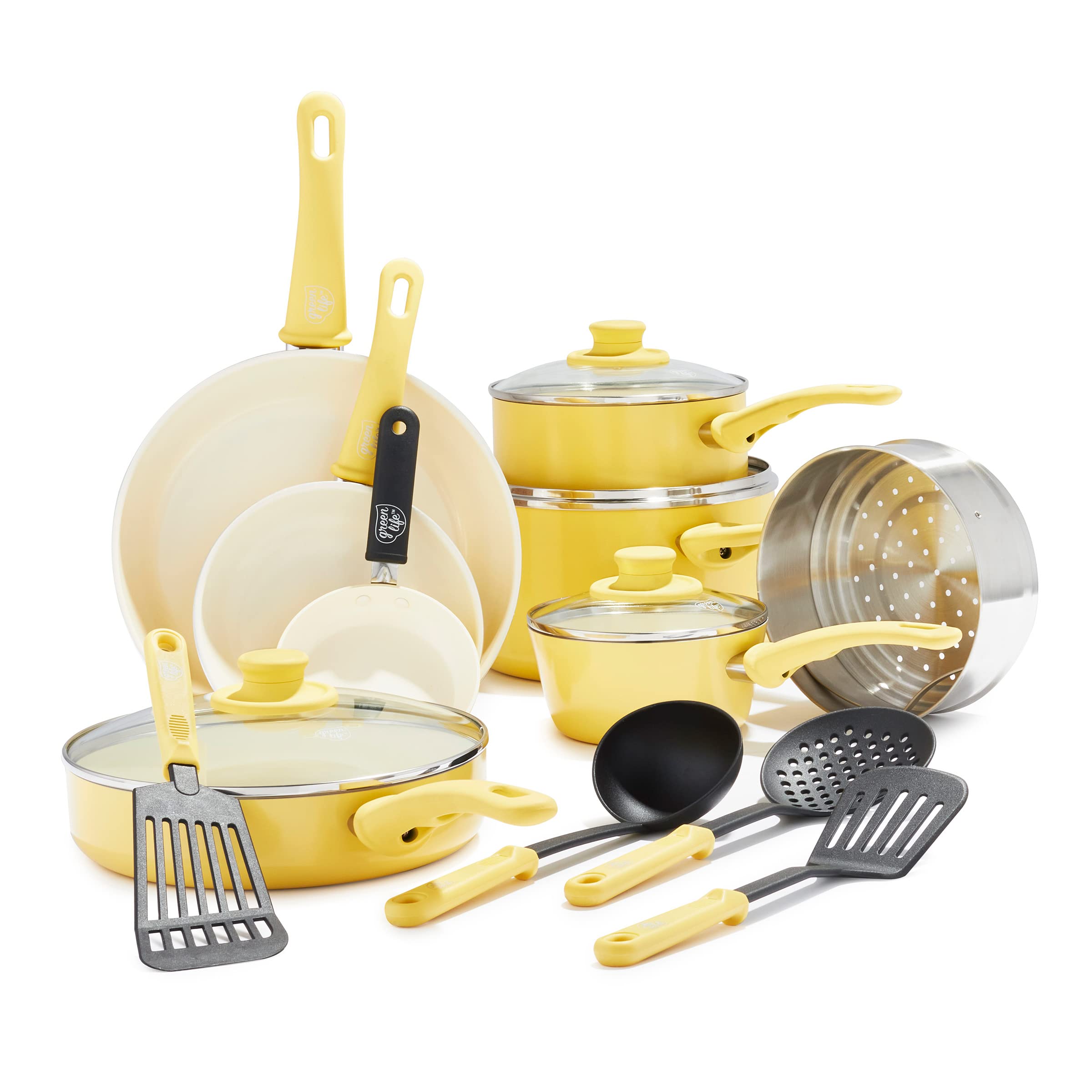 GreenLife Soft Grip 16-Piece Non-Toxic Cookware Set | PFAS-Free Ceramic Nonstick Pots & Pans | Frying Pan, Saucepan, Saute Pan with Glass Lids | Stay-Cool Handles, Wobble-Free Base | Dishwasher & Oven Safe | Perfect for Healthy Cooking & Family Meals | Vibrant Yellow