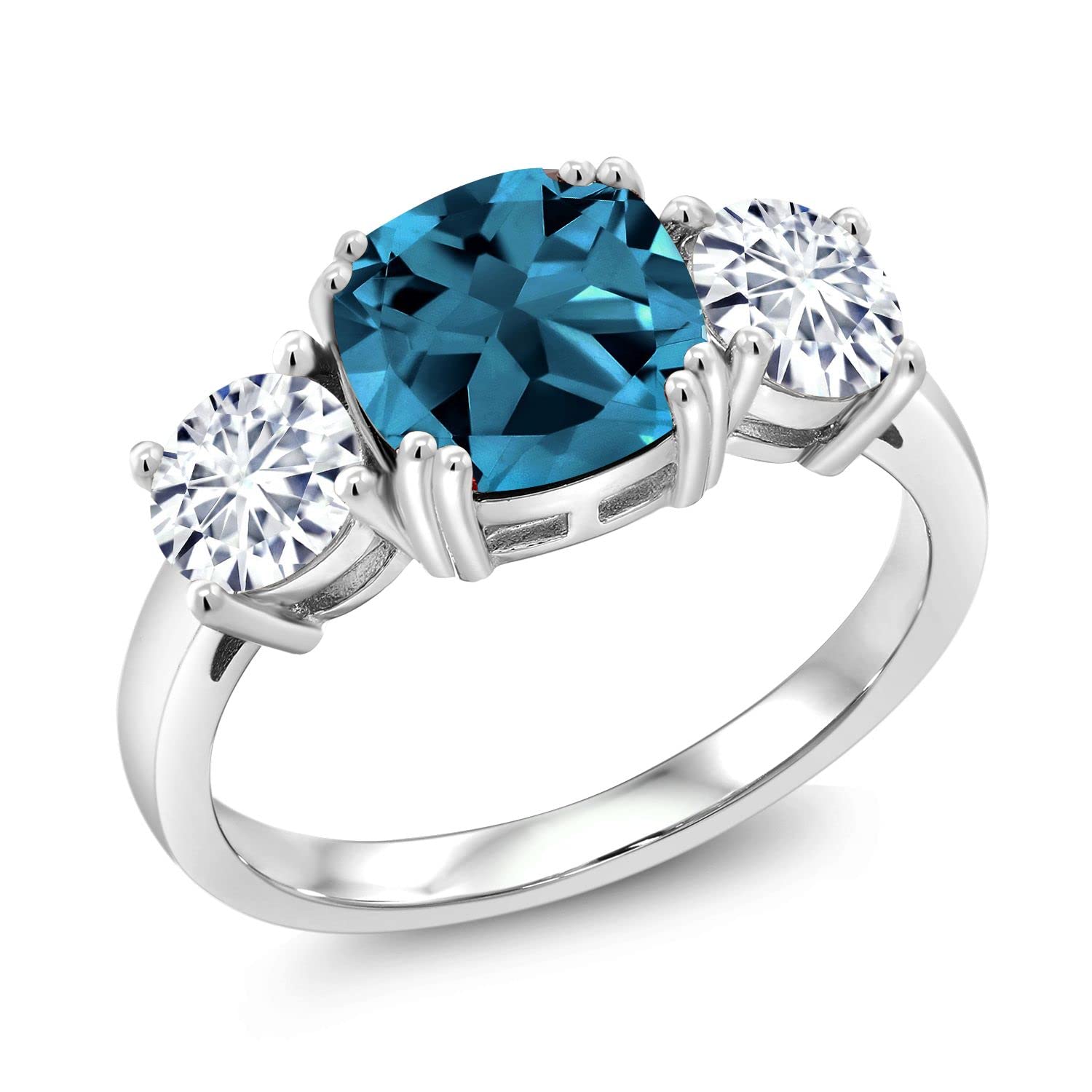 925 Sterling Silver 3-Stone Ring with London Blue Topaz & Moissanite (3.65cttw) - Elegant Cushion Cut Jewelry for Engagement, Anniversary & Special Occasions | Charles & Colvard