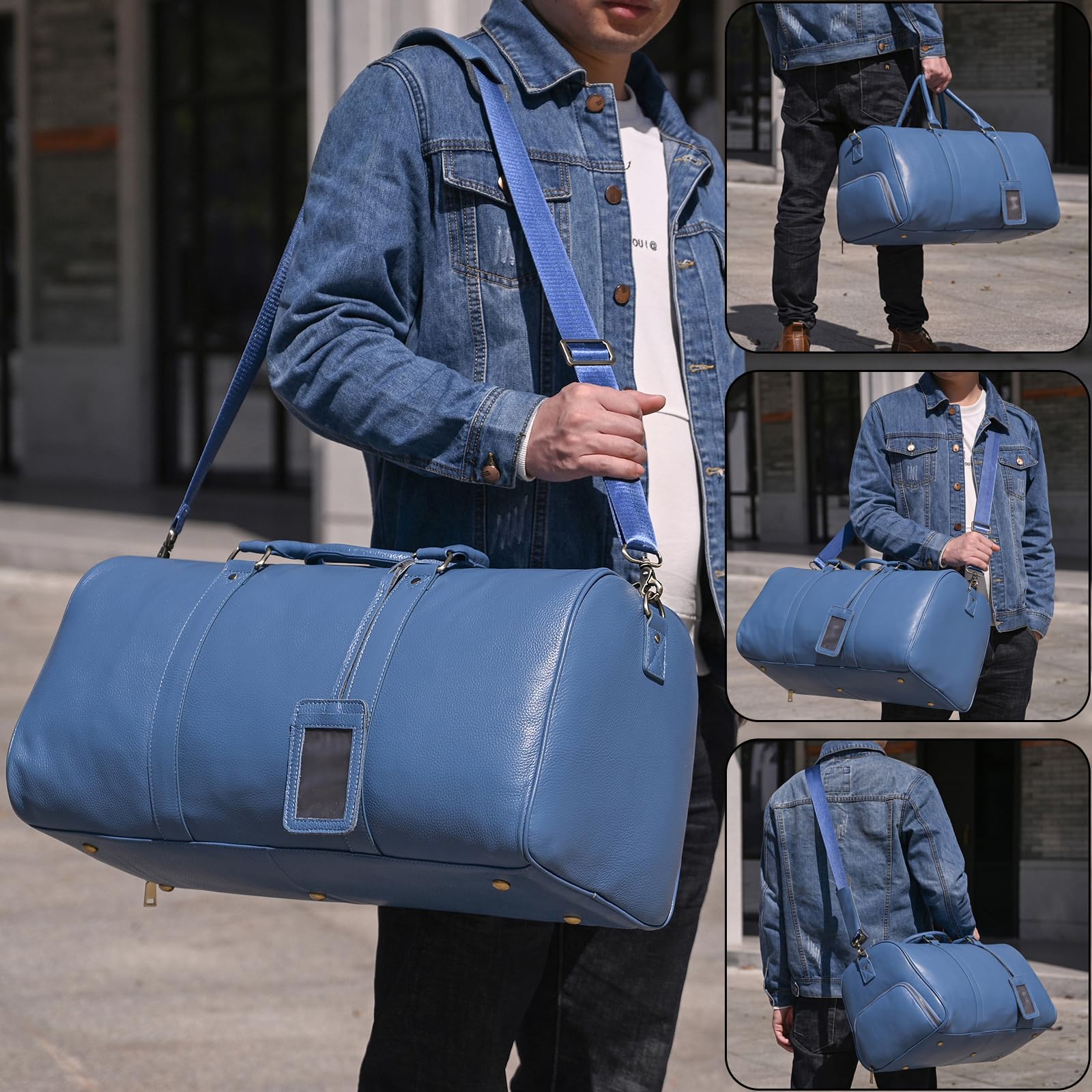 Premium Genuine Leather Weekender Bag for Men & Women - Large Capacity Vintage Travel Duffel - Retro Blue Overnight Bag - Perfect for Business Trips, Weekend Getaways & Gym Essentials