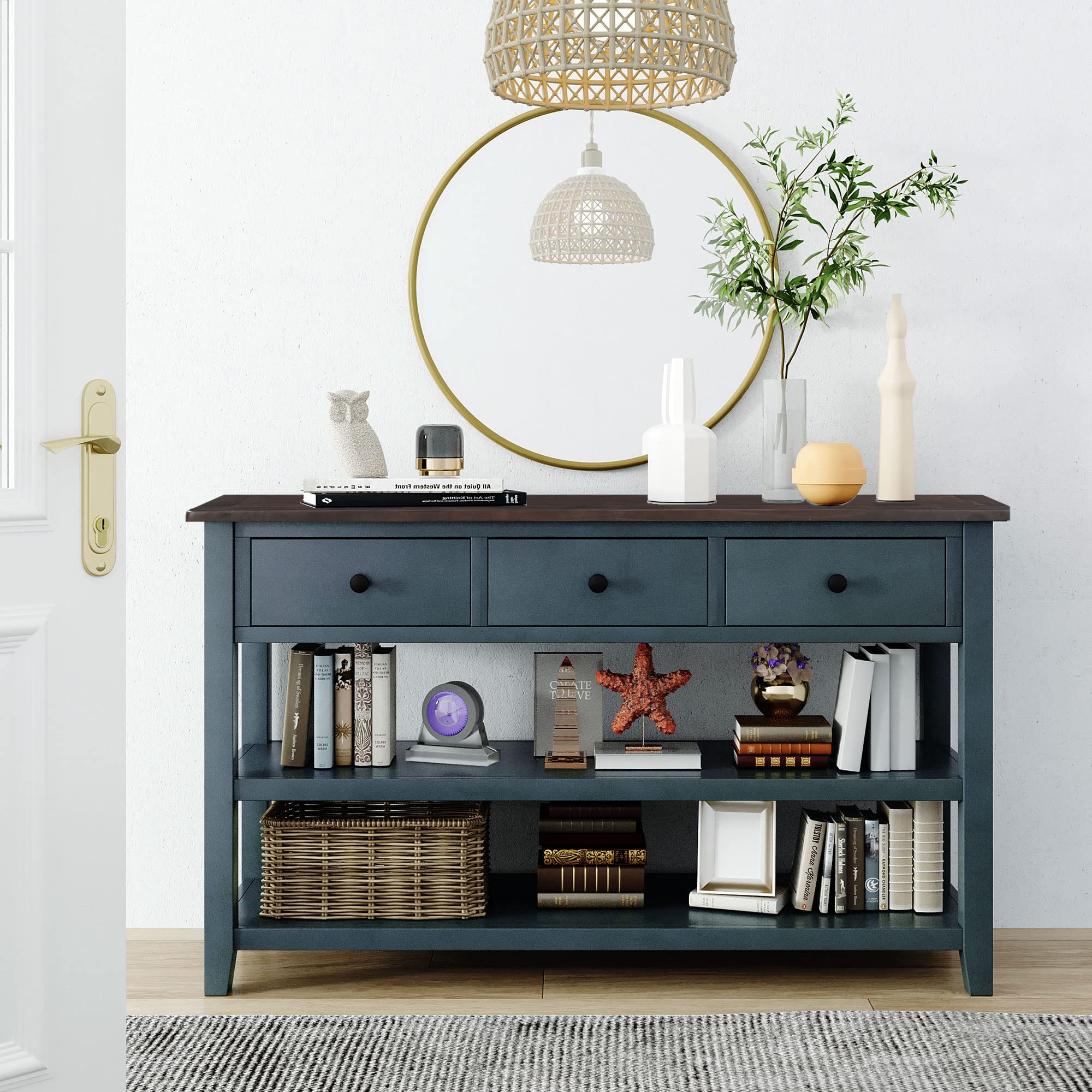 Merax 63-Inch Extra Long Console Table with 3 Drawers & 2-Tier Shelves - Modern Entryway Sofa Table for Hallway, Living Room & Bedroom - Space-Saving Narrow Hall Table in Navy Blue