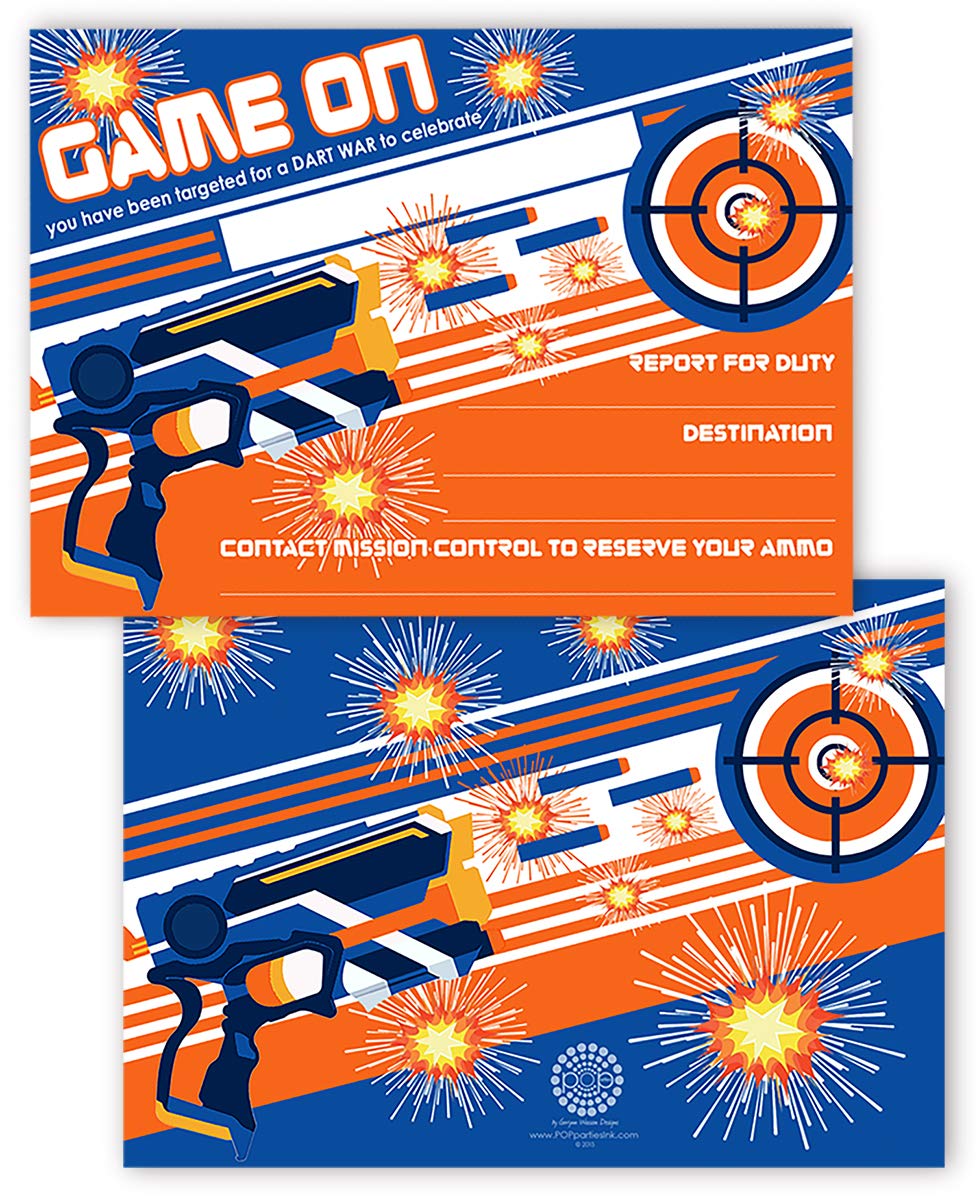 Dart Gun Party Invitations Set - 20 Double Sided Invitations & Envelopes - Dart War Battle Theme Supplies - Perfect for Nerf Gun Birthday Parties & Team Building Events