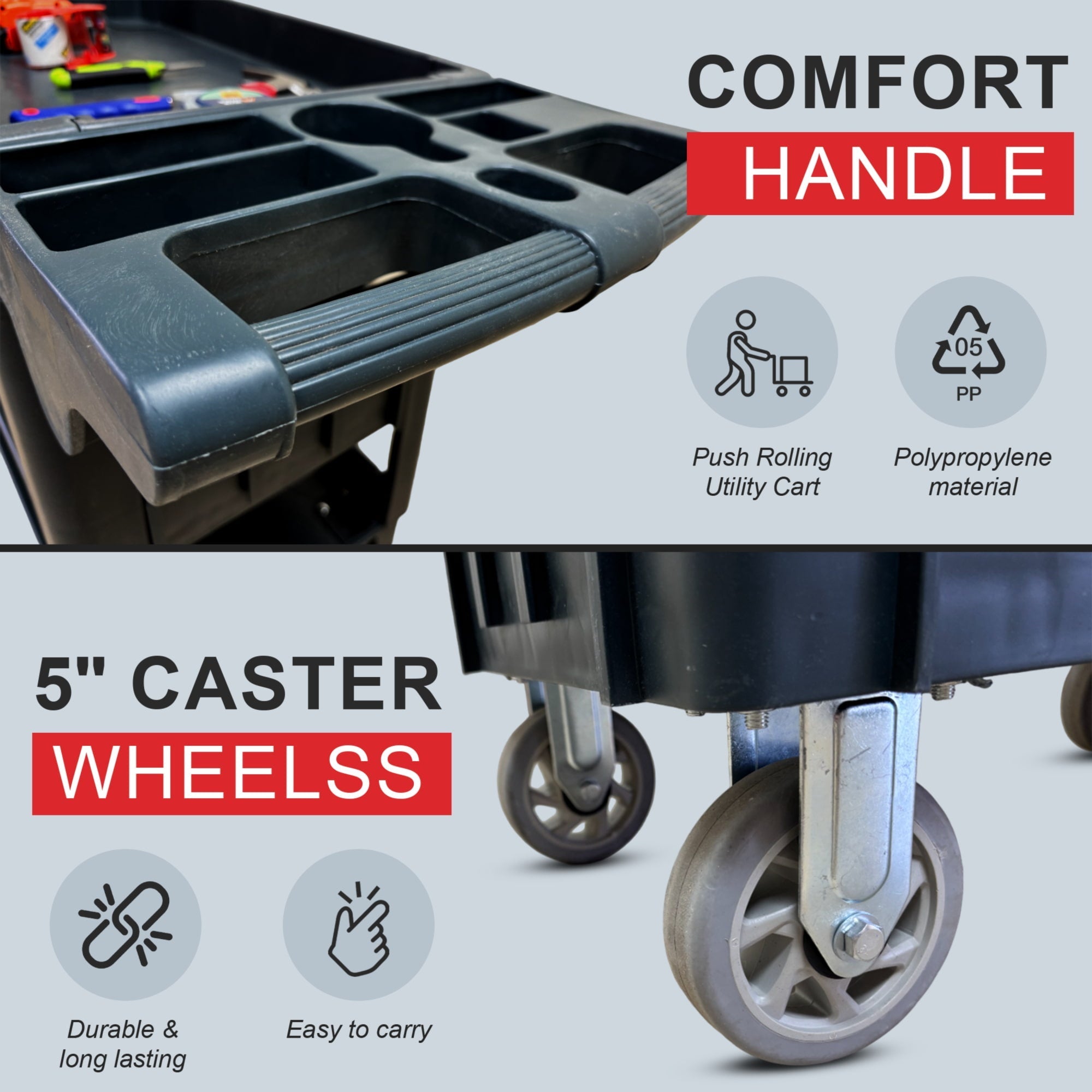 600 lbs Heavy Duty Plastic Rolling Utility Cart with HDPE Shelves & 5 Caster Wheels - Perfect for Warehouse, Garage, Restaurant, Office & Industrial Use