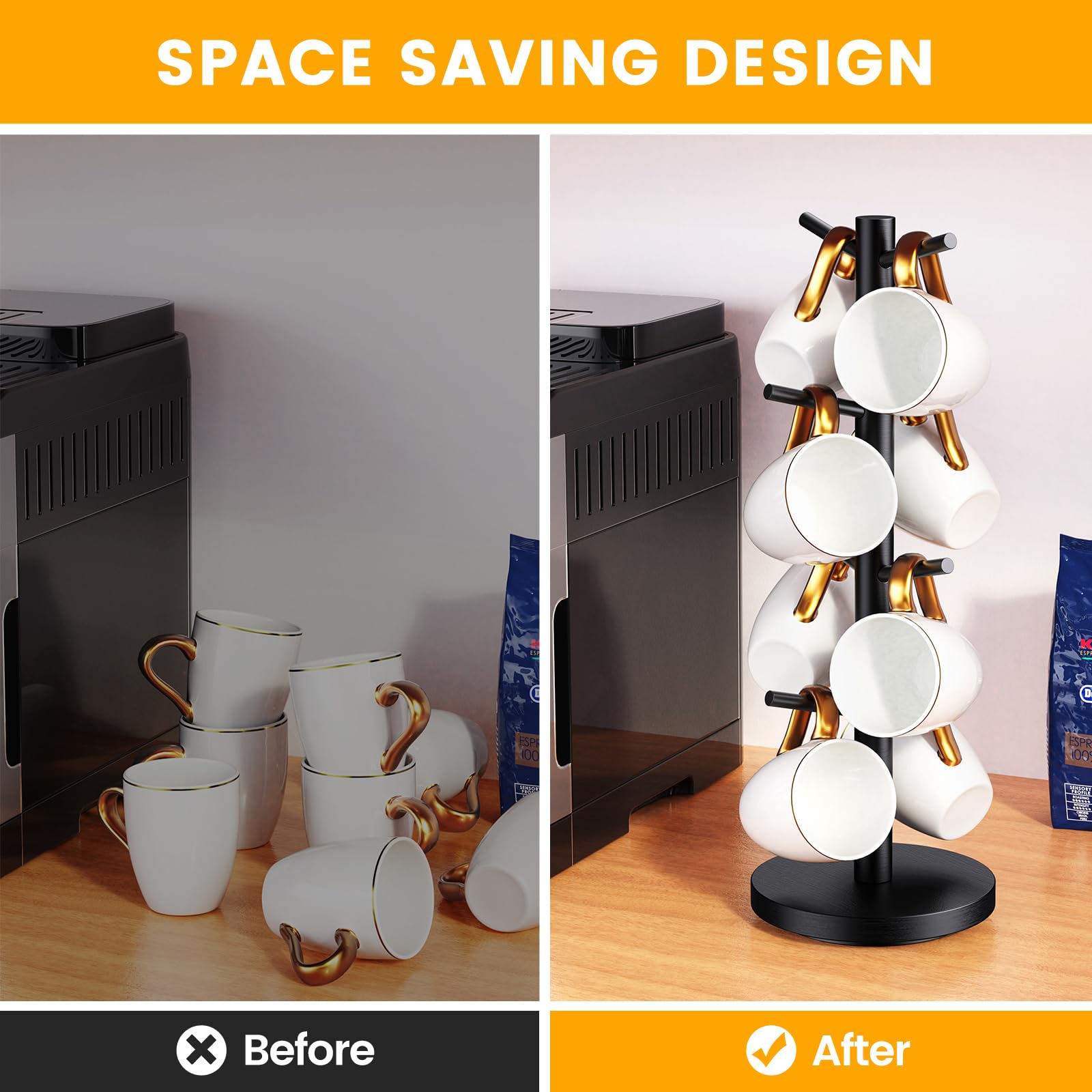 Upgraded 360° Rotating Coffee Mug Holder Tree with 8 Hooks - Wooden Countertop Cup Organizer Rack for Coffee Bar & Kitchen - Perfect for Home, Office or Cafe Mug Display & Storage (Black)