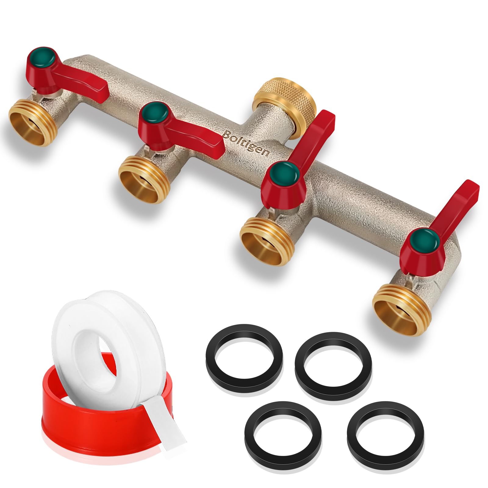 Boltigen 4-Way Brass Garden Hose Splitter with 4 On/Off Valves - 3/4