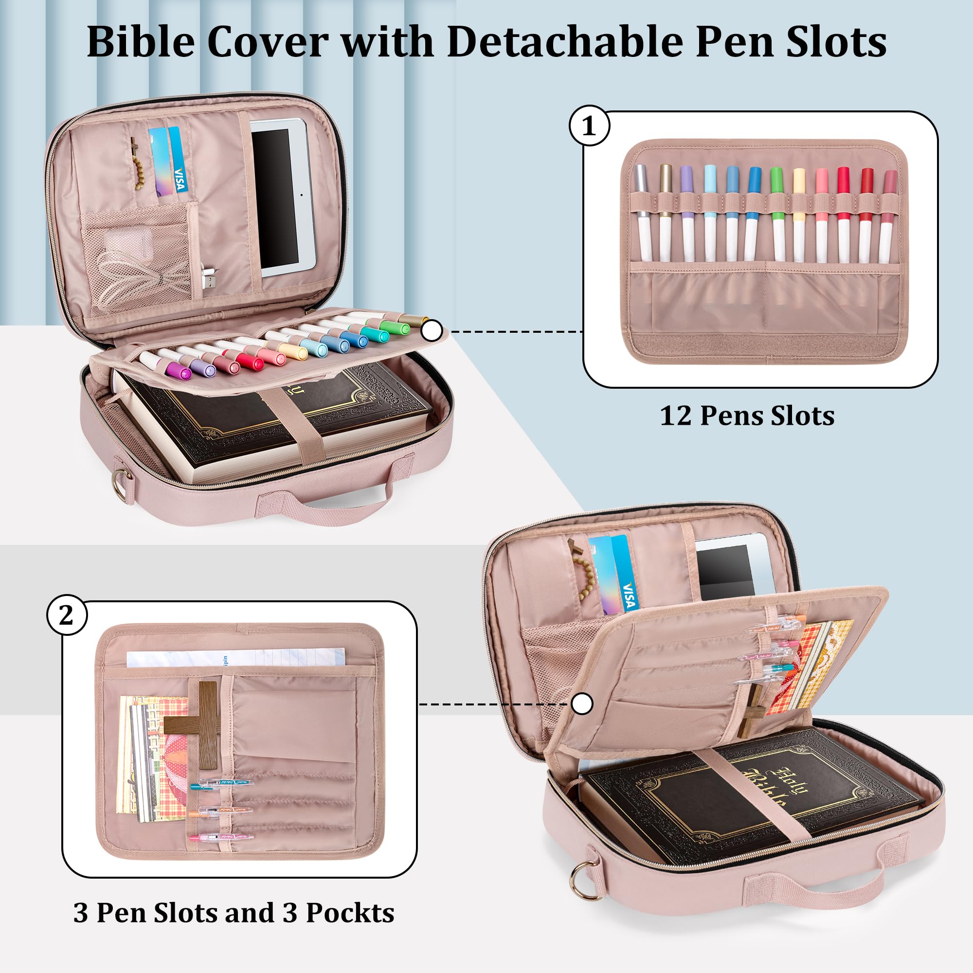 Teamoy Large Bible Cover for Men & Women - Quilted Church Book Bag with Shoulder Strap & Detachable Pen Slots (Pink) - Perfect for Sunday Service, Bible Study & Travel