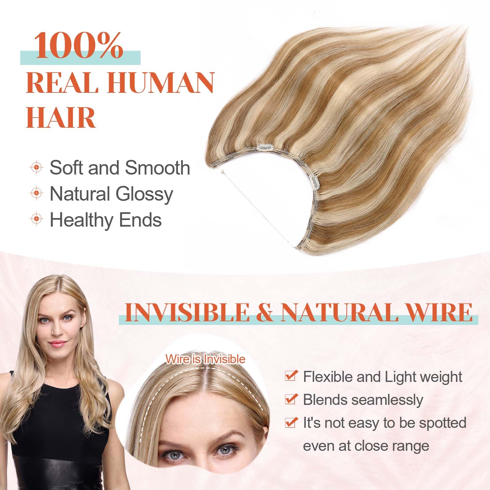 Benehair 18 Inch Halo Hair Extensions - 100% Real Human Hair with Invisible Wire for Women | Golden Brown & Bleach Blonde Highlights (#12P613) | Perfect for Weddings, Parties & Daily Styling