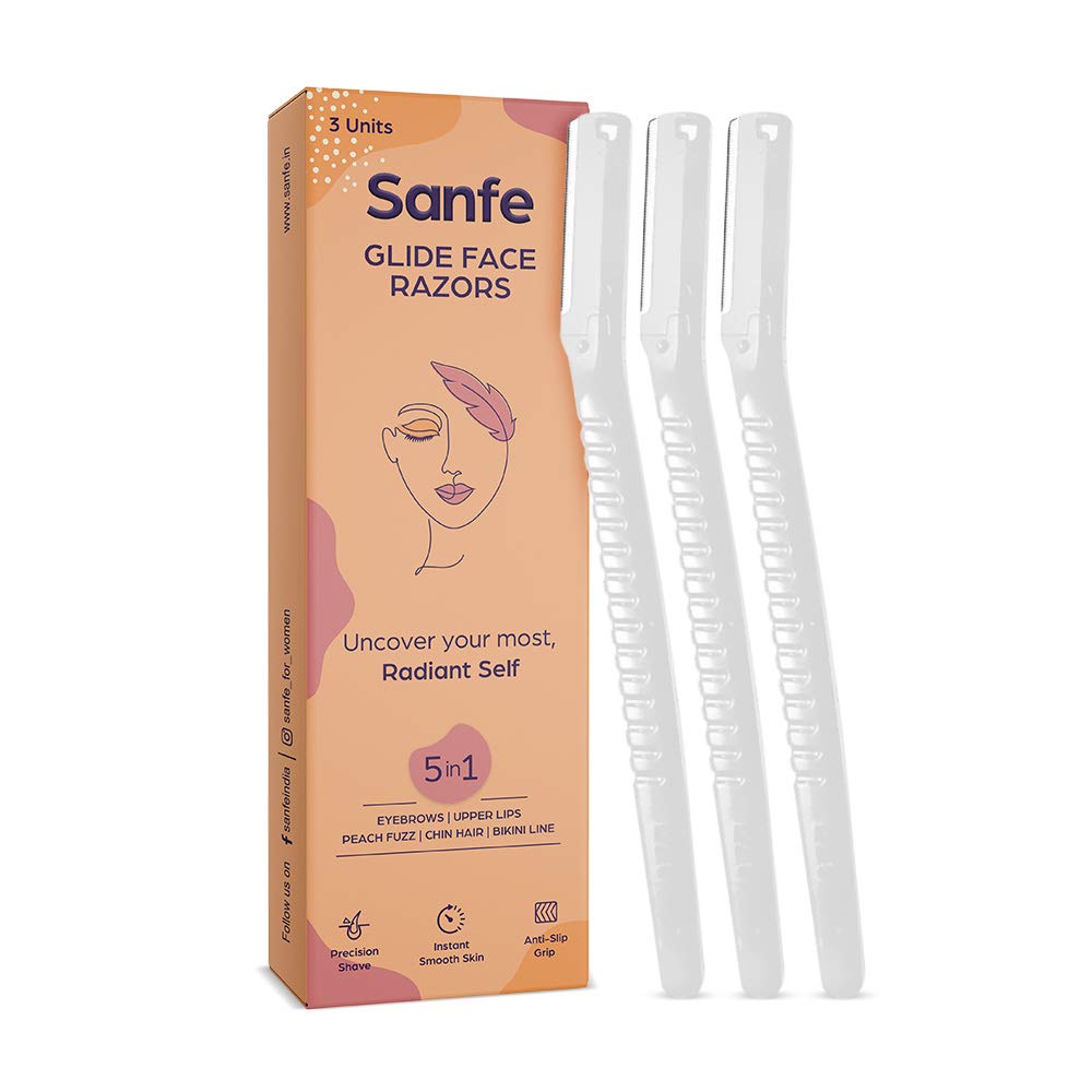Sanfe Glide Reusable Face & Eyebrow Razor for Women - Painless Facial Hair Removal | Safe Eyebrow Shaper & Dermaplaning Tool for Upper Lip, Chin, Sideburns | Pack of 3 Blades | Perfect for Travel, Salon & At-Home Grooming | Leaves Skin Soft & Smooth