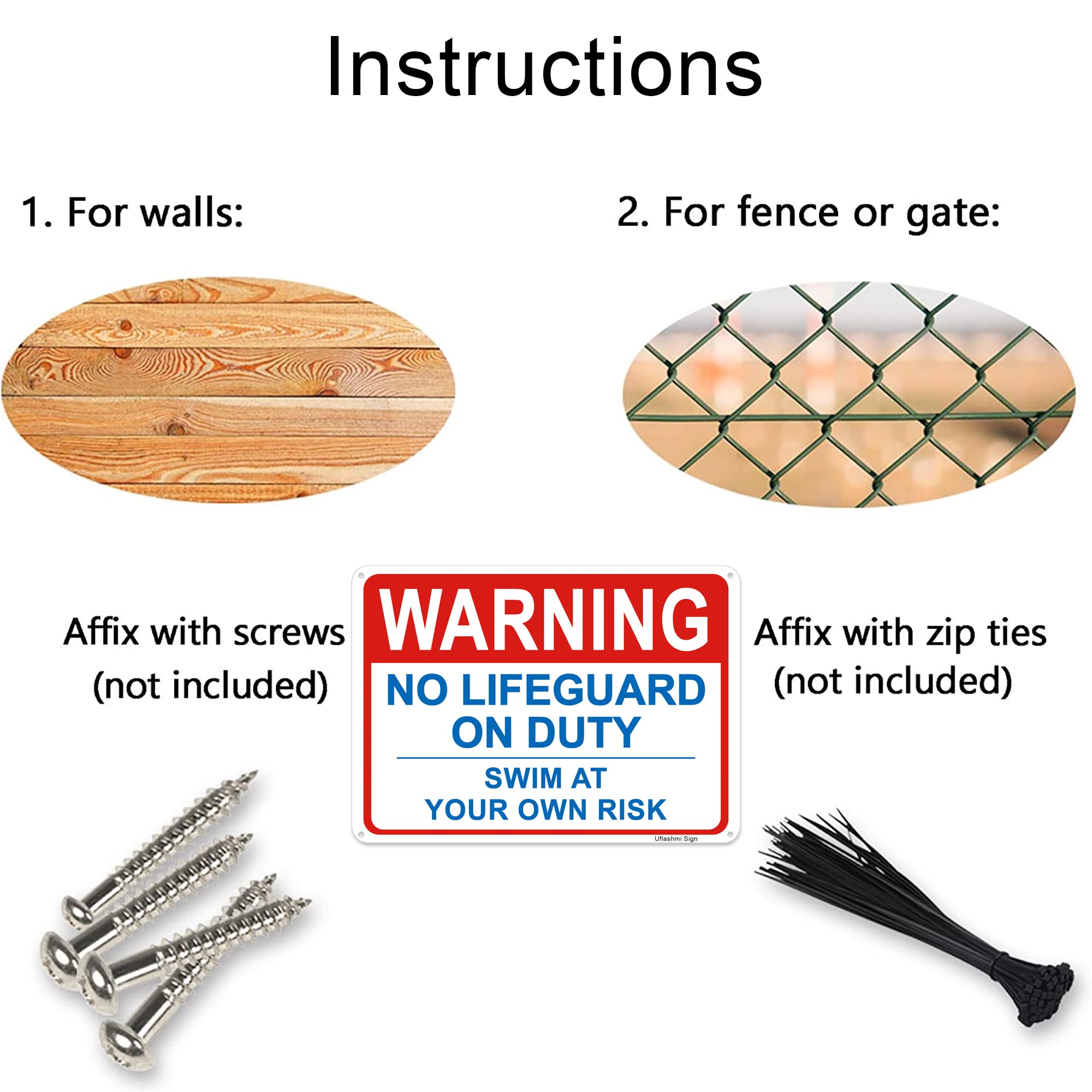 Uflashmi 10x14 Inch Metal 'No Lifeguard On Duty - Swim at Your Own Risk' Warning Sign for Outdoor Pools - Durable Safety Signage for Backyard, Public & Community Pools