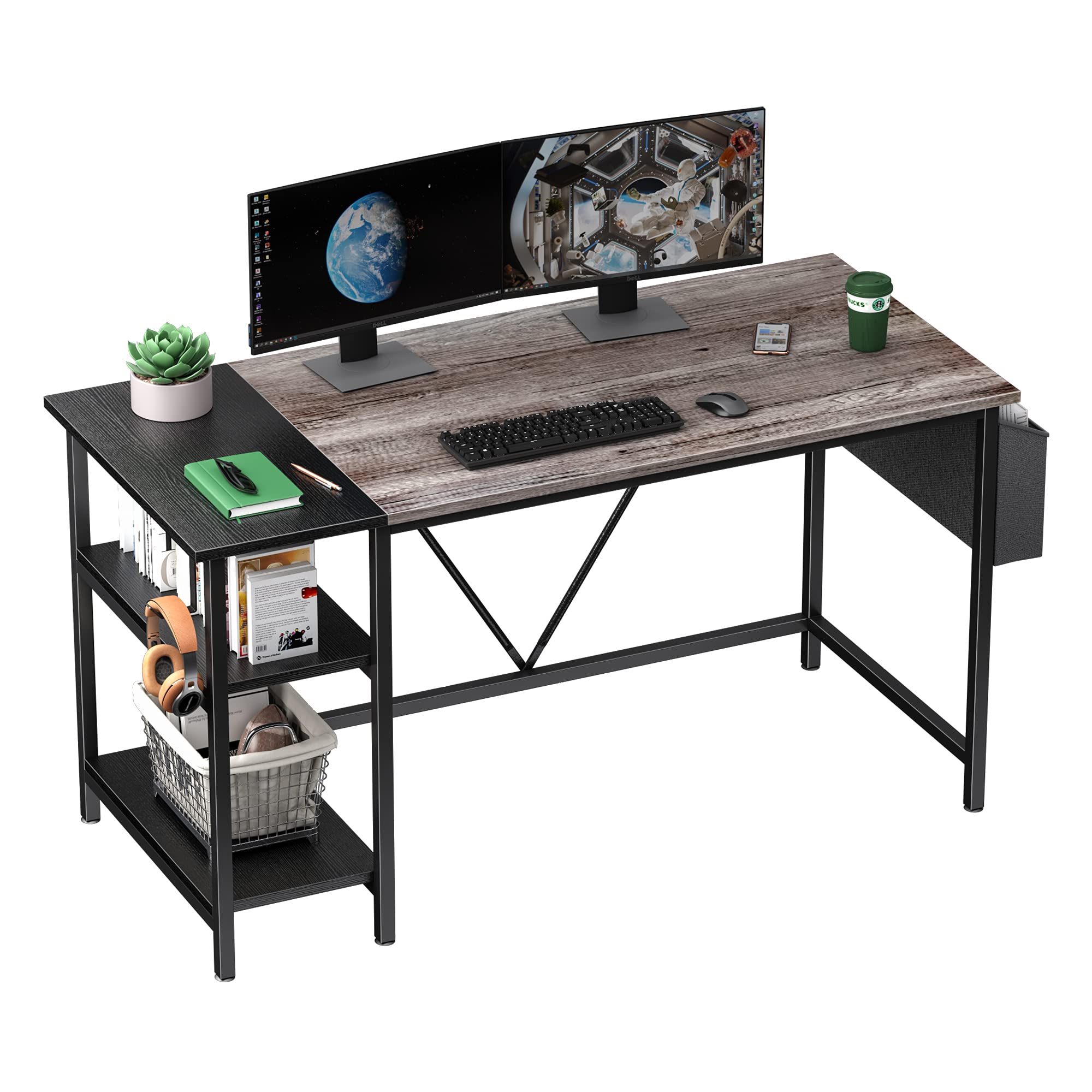 55 Inch Modern Computer Desk with 2-Tier Bookshelf - Home Office Writing Workstation, Study Desk with Storage Bag - Perfect for Small Spaces, Remote Work & Online Learning