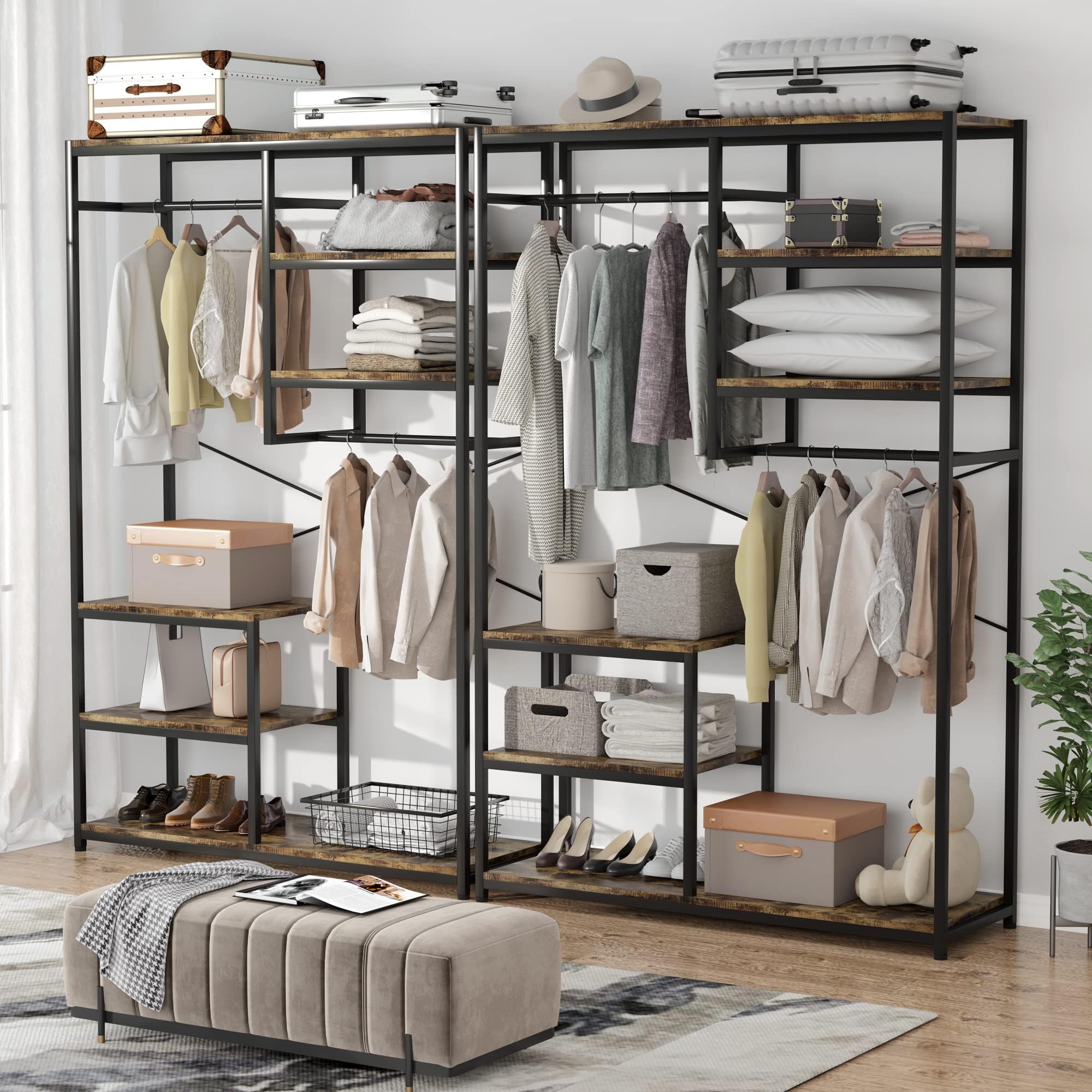 JoliJour Wood and Metal Freestanding Coat Rack with Shelves - 120x40x180cm Entryway Clothes Hanger, Wardrobe Organizer for Hallway, Bedroom or Office Storage