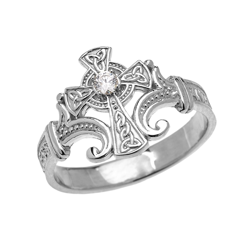 10k White Gold Solitaire Diamond Celtic Cross Ring - Religious Jewelry with Encrypted Prayer Blessings - Perfect for Baptism, Confirmation & Spiritual Gifts