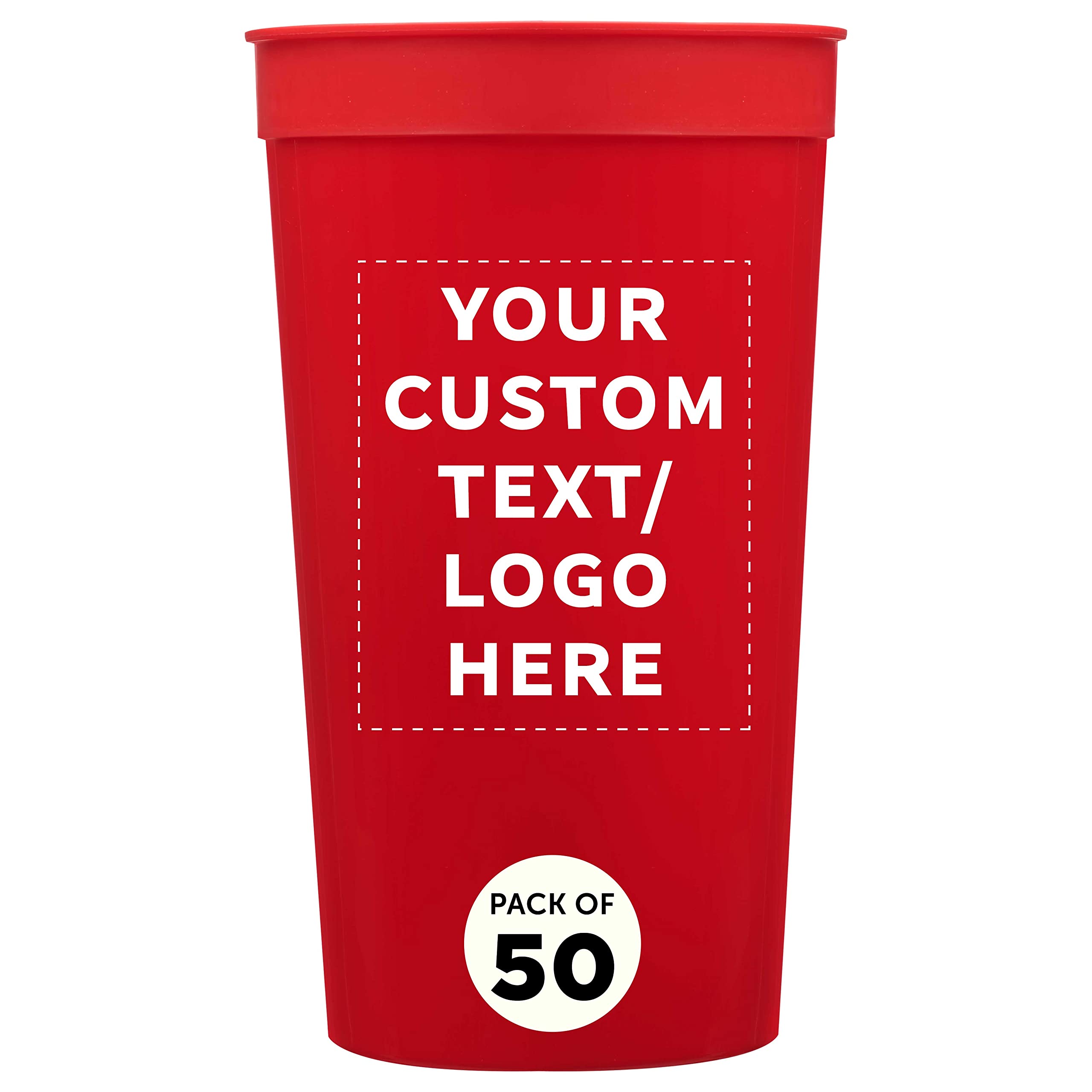 Custom 32 oz Plastic Stadium Cups - Bulk Pack of 50 Personalized Cups for Sports Events, Parties, Beach Picnics & Summer Celebrations - Durable Red Drinkware for Tailgating, BBQs, and Outdoor Gatherings