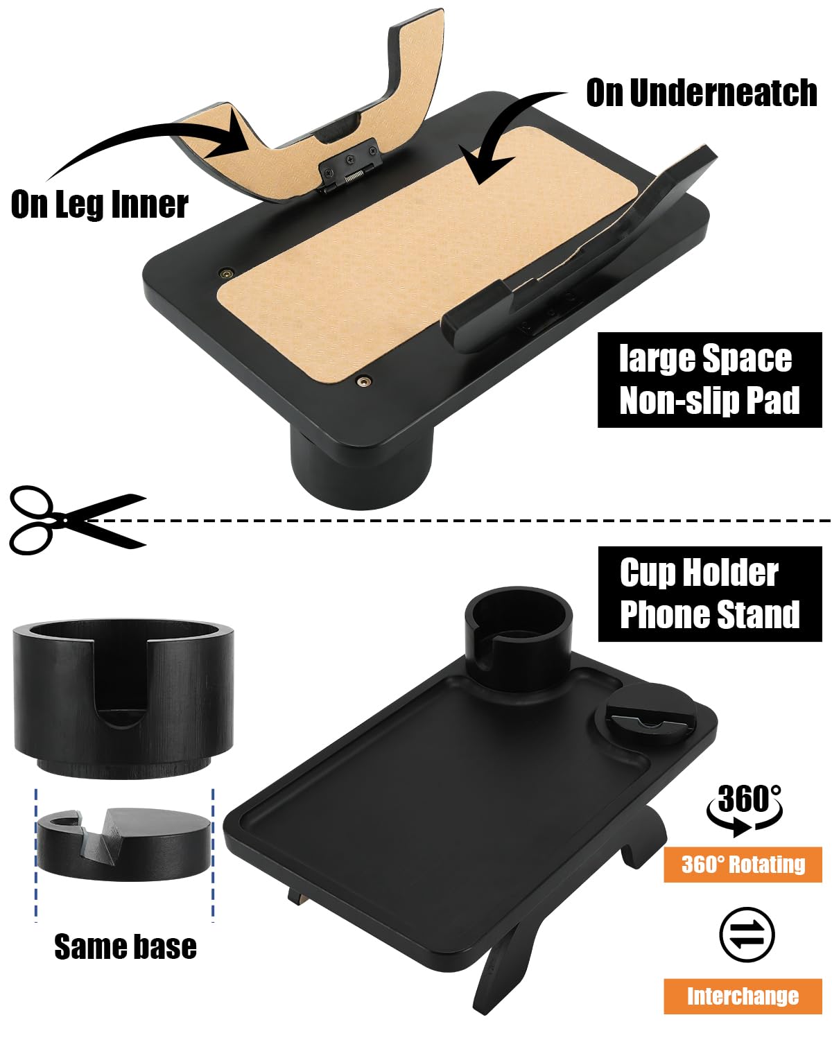 360° Rotating Bamboo Couch Arm Table with Cup & Phone Holder - 15.36x9.85 Inch Sofa Tray for Living Room, Bedroom - Perfect for Snacks, Drinks, Remote Control & Reading in Black