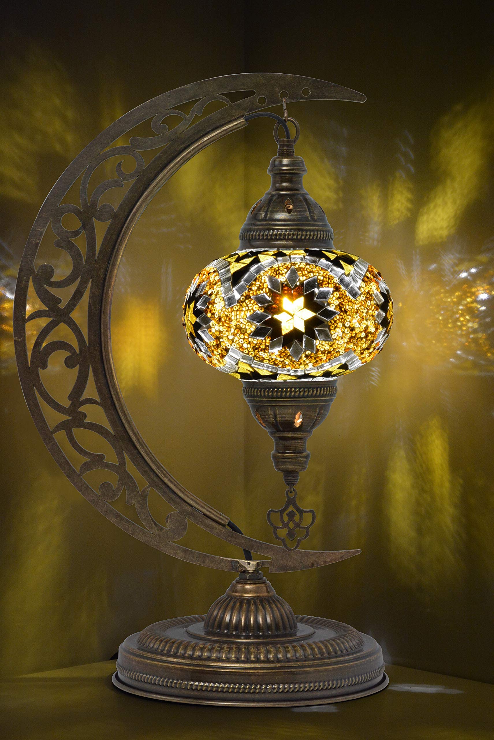 Mozaist Turkish Lamp - Handmade Moon Shaped Mosaic Table Lamp with Stained Glass Shade | Moroccan Bohemian Vintage Tiffany Style | E12 Socket & US Plug | Perfect for Bedroom, Living Room & Office Decor