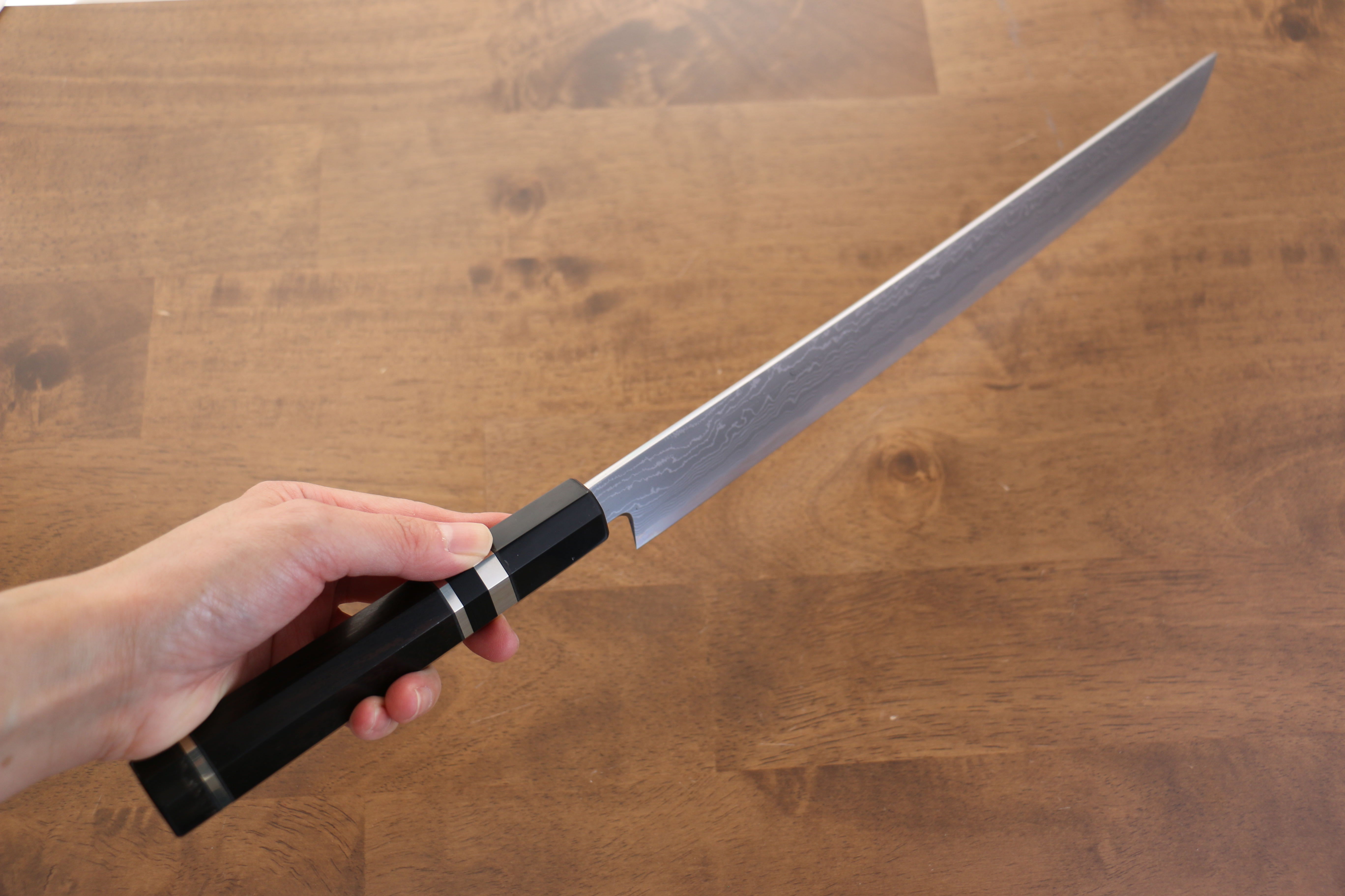Premium Jikko Blue Steel Damascus Sakimaru Sujihiki Knife 300mm - Handcrafted Japanese Chef Knife with Ebony Wood Handle & Double Ring Design - Perfect for Slicing Sashimi, Meat, and Precision Cutting in Professional Kitchens