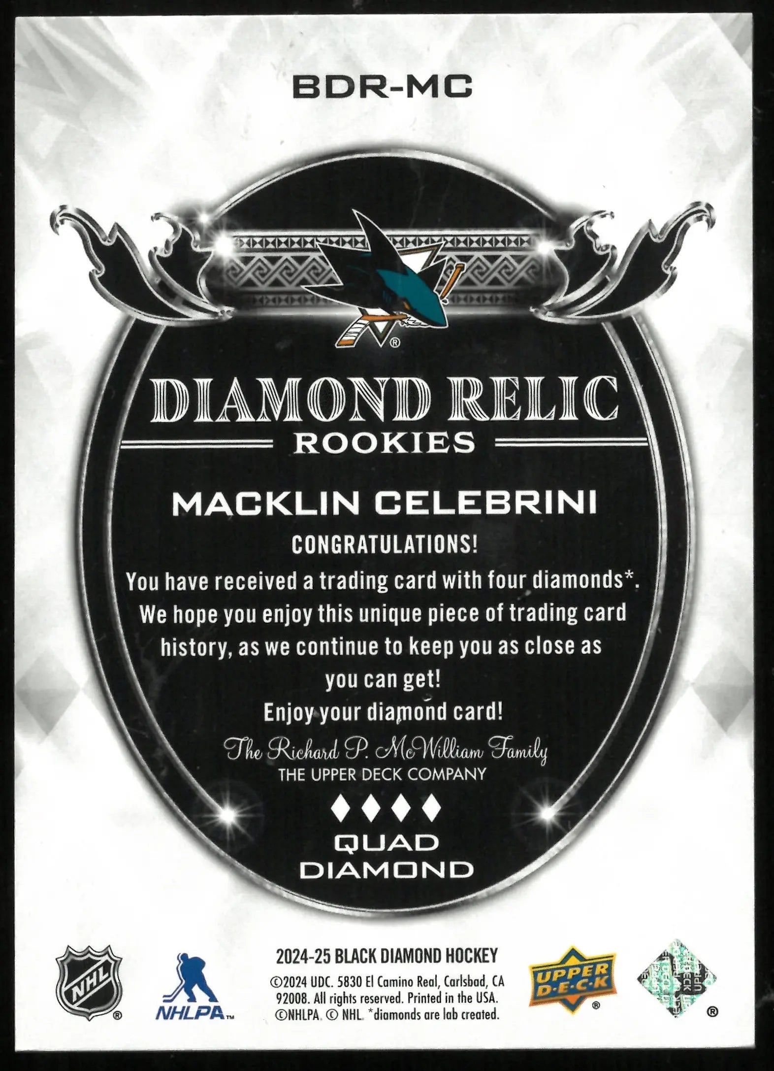 2024-25 Upper Deck Black Diamond Macklin Celebrini Rookie Card Emerald Quad Diamond Relic /10 - Perfect for Hockey Collectors & Sports Memorabilia Enthusiasts