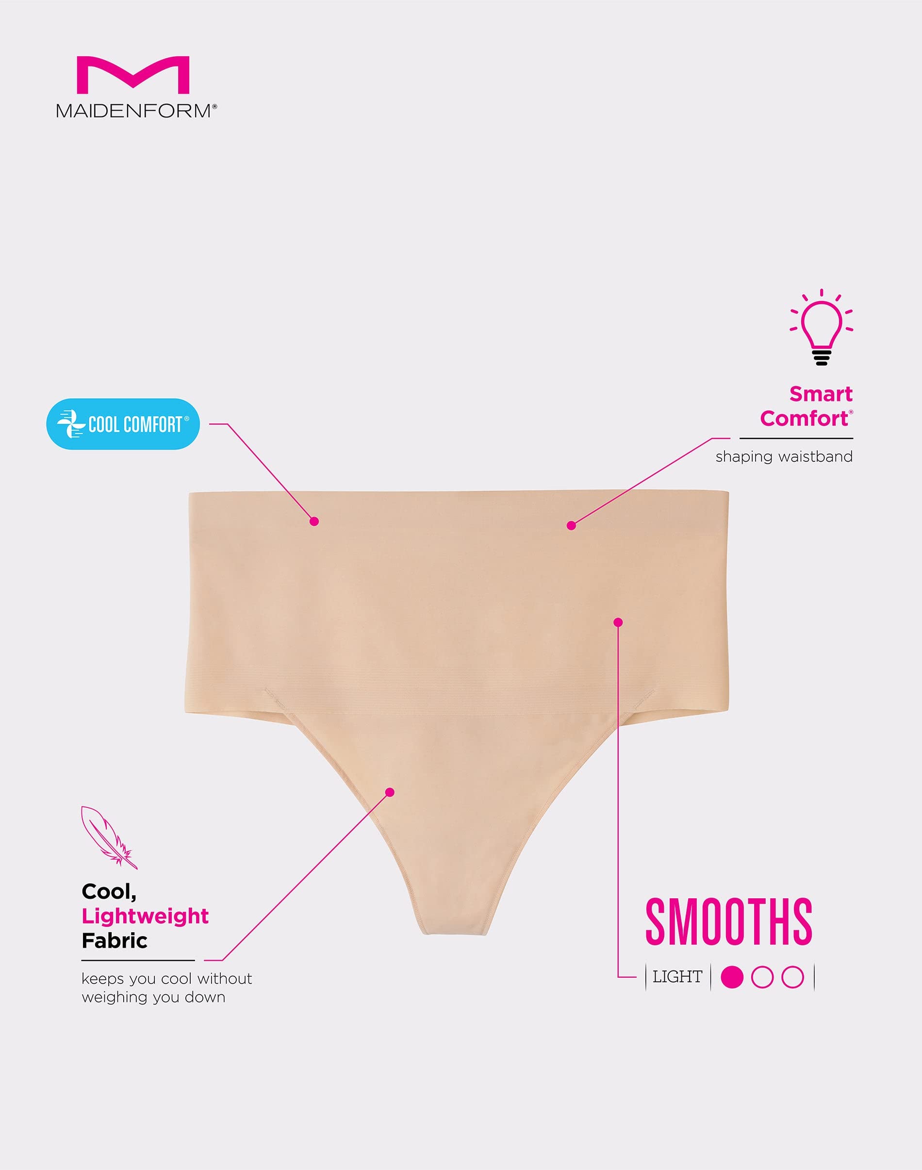 Maidenform Women's Tummy Control Shaping Thong Panties 2-Pack - Lightweight Comfort for Everyday Wear & Seamless Fit Under Clothes