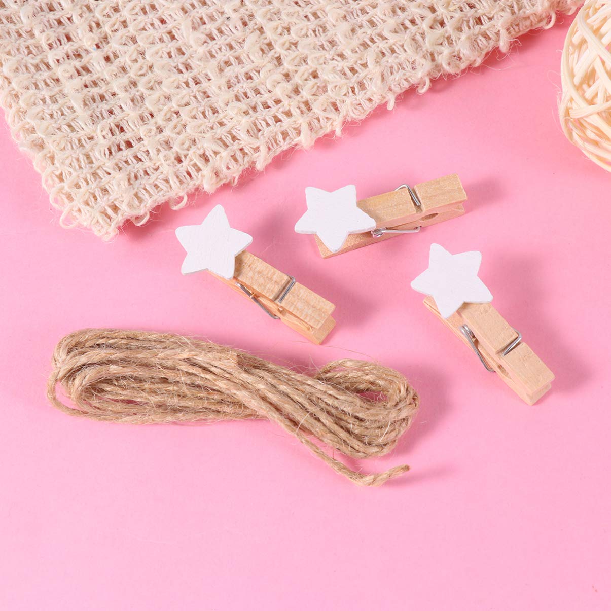 HEALLILY 100pcs Mini Wooden Star-Shaped Clothespins - Photo Hanging Clips, Picture Pegs, Craft Clips with Rope for Wall Decor, Scrapbooking, DIY Projects - White