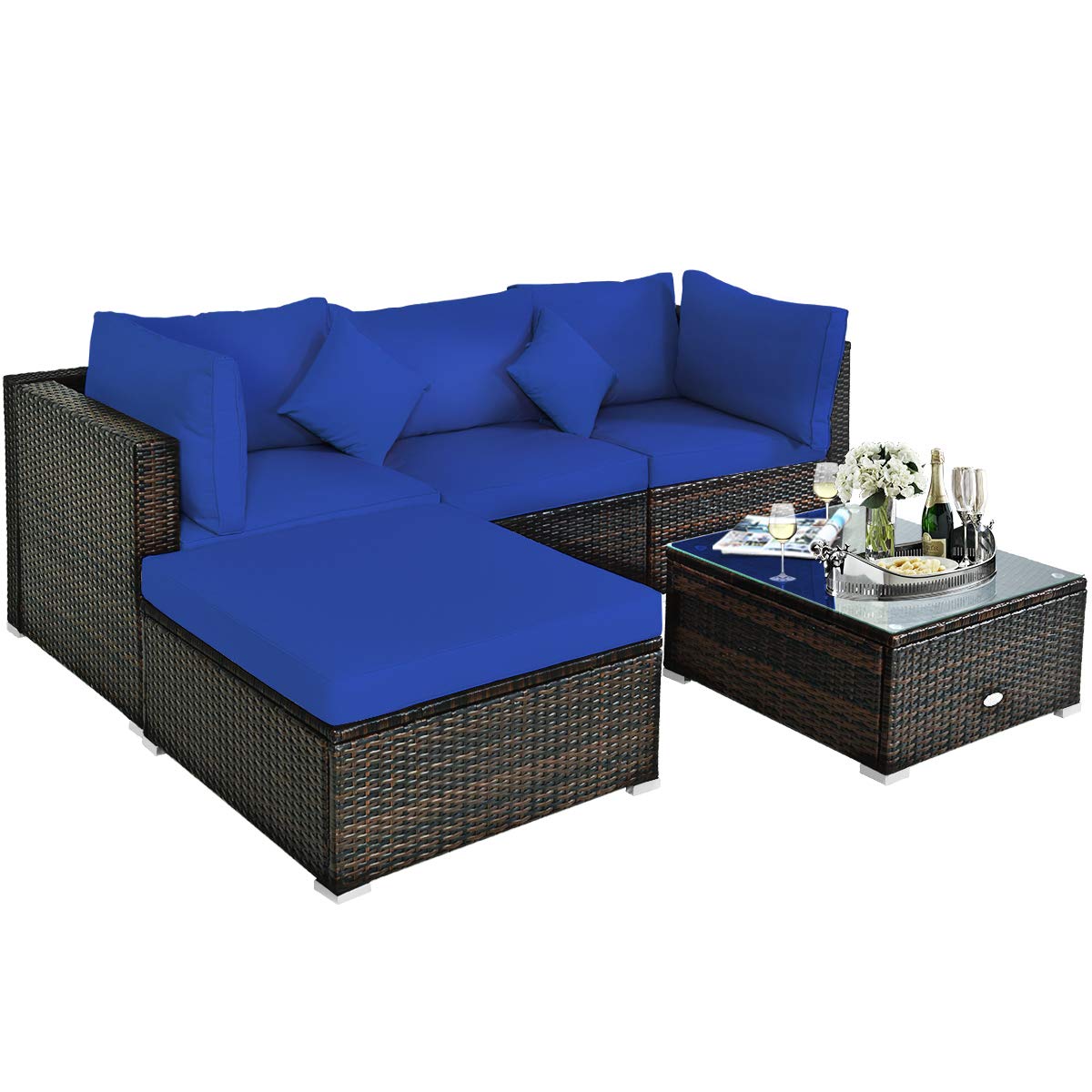 Tangkula 5-Piece Outdoor Patio Furniture Set - All-Weather Wicker Sectional Sofa with Cushions & Glass Table - Navy Blue Rattan Conversation Set for Backyard, Porch, Garden, Poolside & Deck Relaxation
