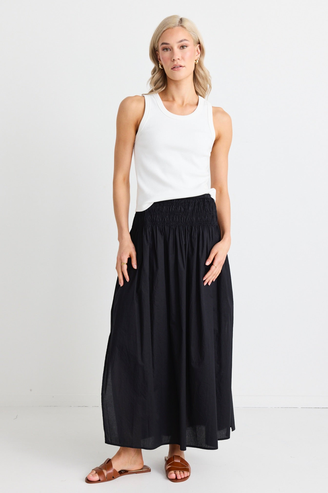 Finch Black Cotton Shirred Waist Maxi Skirt for Women - Flowy Summer Beach Dress with Elastic High Waist - Perfect for Vacation, Date Night & Boho Outfits