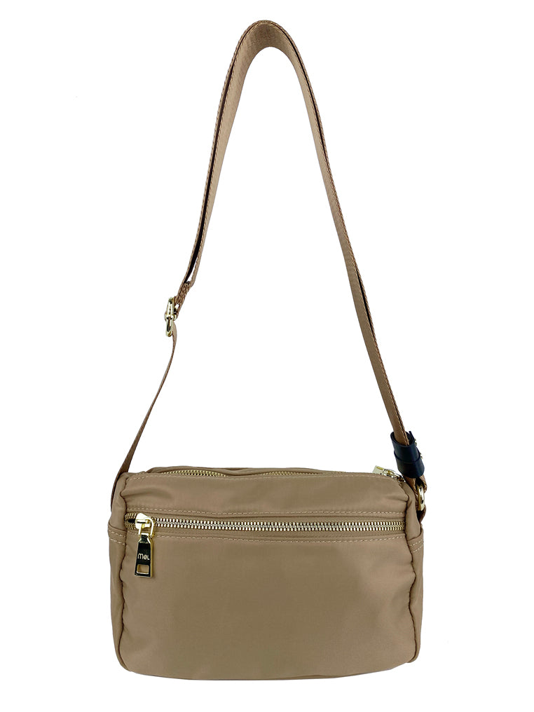 Mel&Co Nylon Double Zip Sling Bag - Waterproof Crossbody Shoulder Bag for Women & Men, Beige - Perfect for Travel, Hiking, and Everyday Use