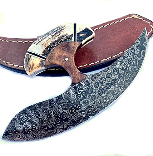 Handmade Damascus Steel Ulu Knife with Custom Antler Handle & Sheath - Traditional Alaskan Cutting Tool for Kitchen, Camping & Outdoor Adventures