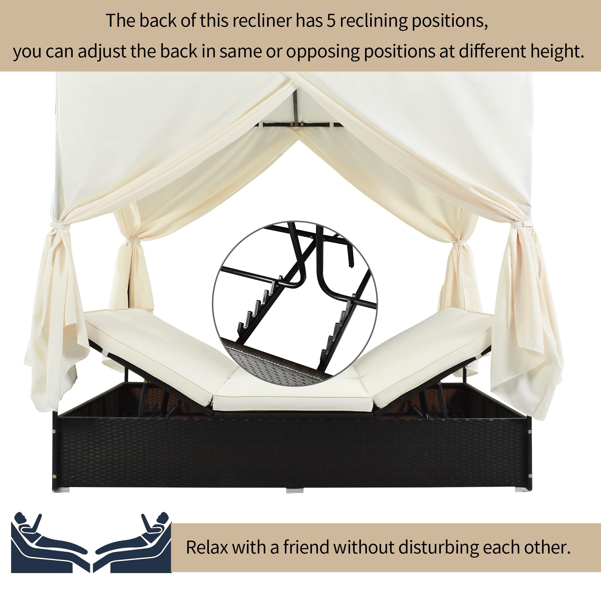 Outdoor Patio Chaise Lounge with Retractable Canopy - Rattan Sun Lounger Daybed & Loveseat Sofa Set - Perfect for Poolside, Garden, or Backyard Relaxation