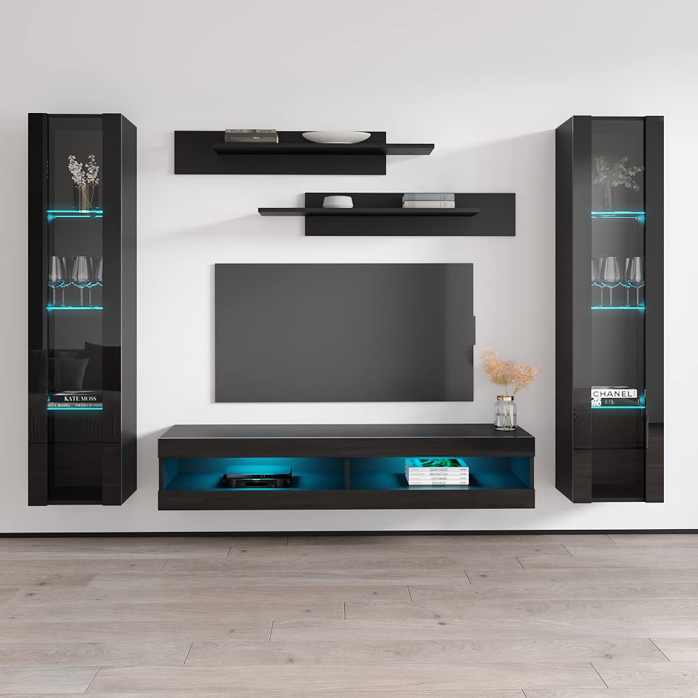 Modern Floating TV Stand with Storage & LED Lights - Wall-Mounted Entertainment Center Console for Bedroom & Living Room - Space-Saving TV Cabinet with Shelves - Black - Perfect for Small Spaces & Home Theater Setup