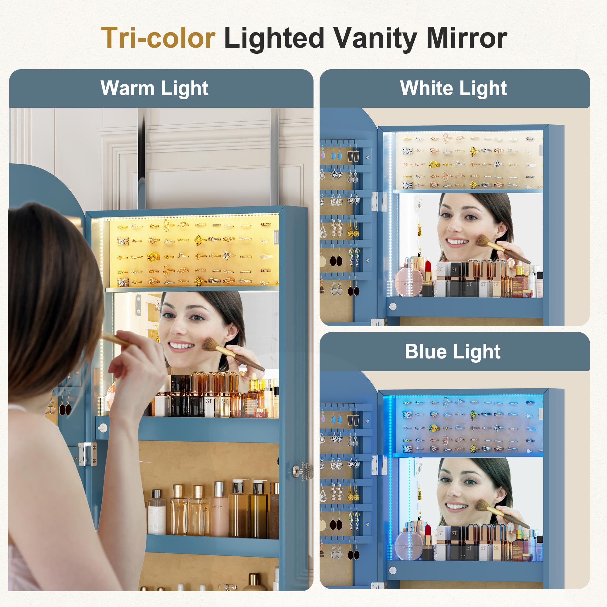 HNEBC LED Mirror Jewelry Cabinet - Wall/Door Mounted Jewelry Armoire Organizer with Lights & Lock - 42.5