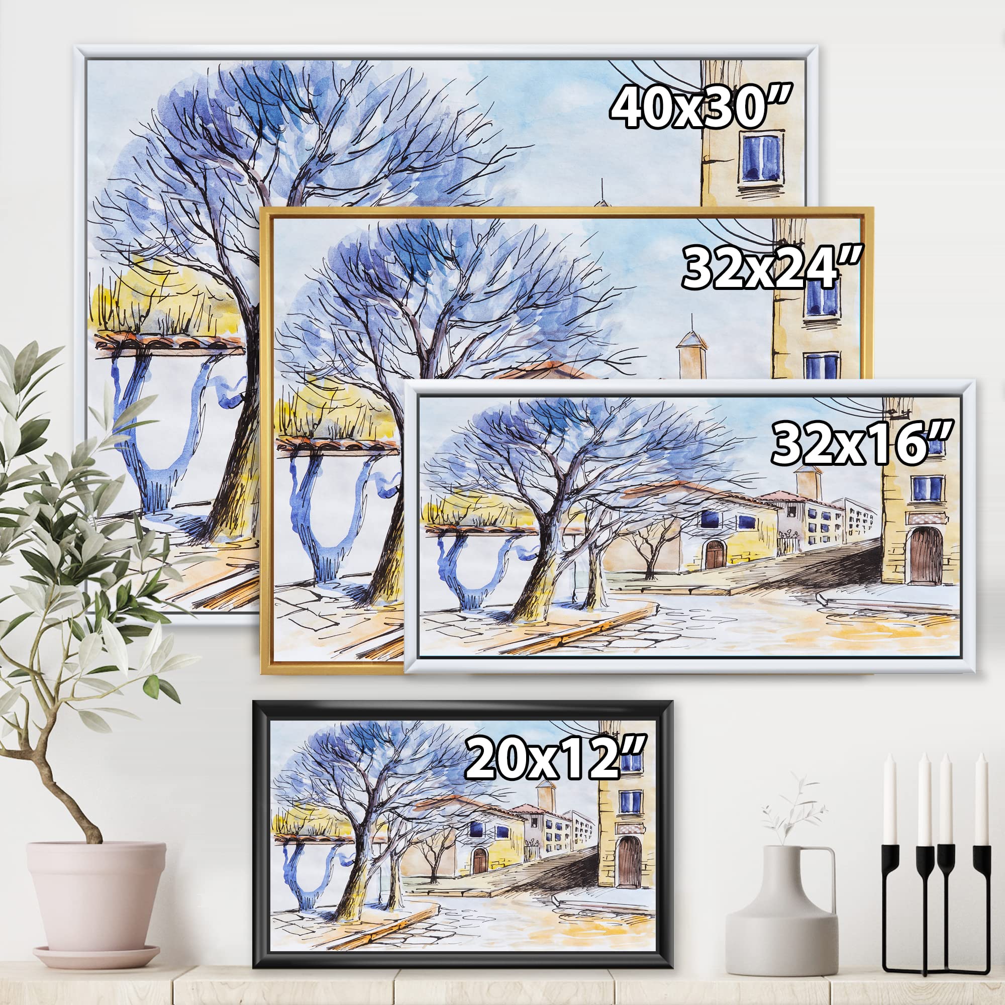 DesignQ White House in Summer Village - Traditional Framed Canvas Wall Art Print for Living Room, Bedroom & Office Decor | Home & Wall Decoration