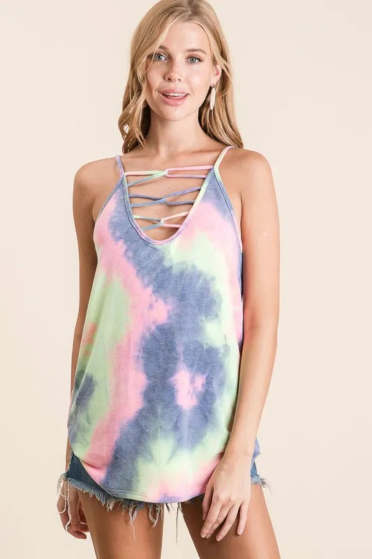BiBi Tie Dye Terry Camisole Top with Caged Neck - Soft Cotton Sleepwear & Loungewear for Women, Perfect for Yoga, Beach Cover-Up and Summer Outfits