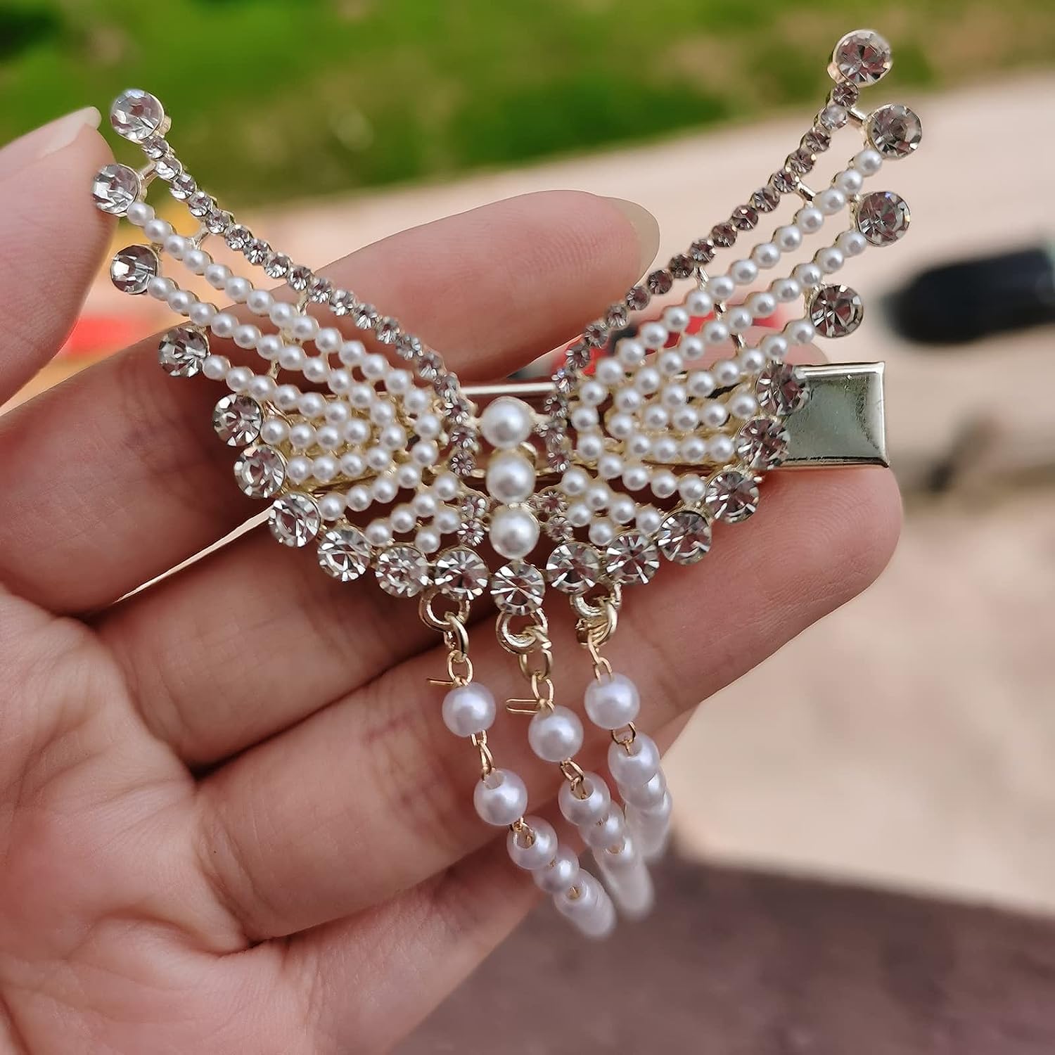 VSAKSH Crystal Pearl Butterfly Hair Claw Clip - Non-Slip Barrette, Sparkly Alligator Hair Clip for Women & Girls with Thin Hair - Perfect for Weddings, Parties & Daily Styling