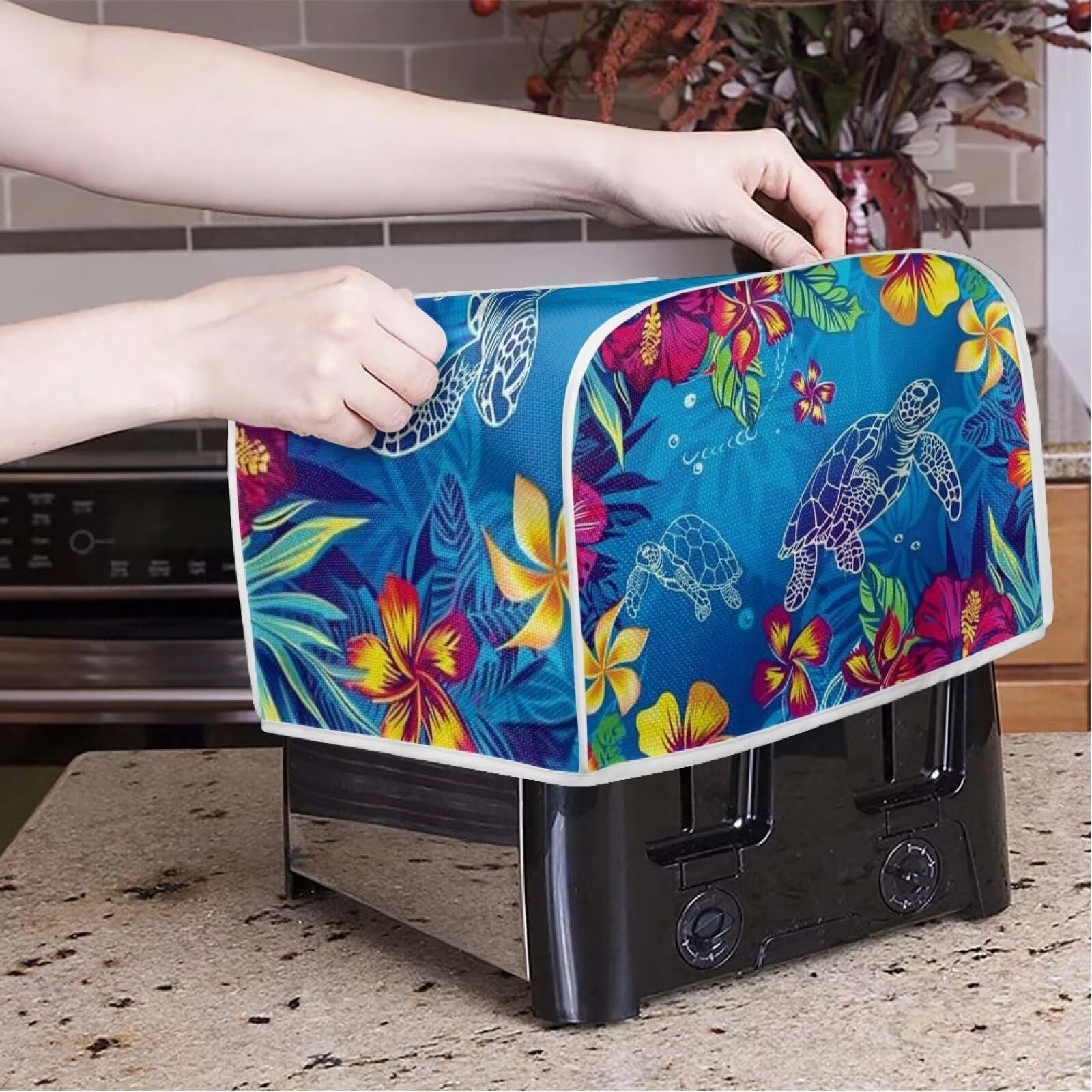 Sea Turtle Bread Toaster Cover 2 Slice - Dustproof & Anti-Fingerprint Toaster Oven Cover - Decorative Kitchen Appliance Protector - Blue Plumeria Design - Perfect for Home, Office, and Dorm Use