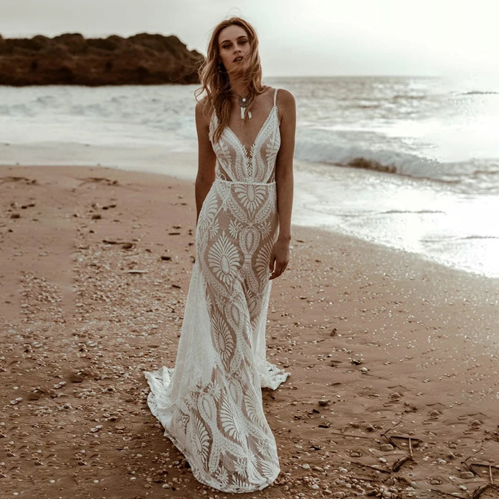 Elegant Lace V-Neck Mermaid Wedding Dress with Spaghetti Straps & Backless Design - Perfect for Beach Weddings, Bridal Showers, and Romantic Photos