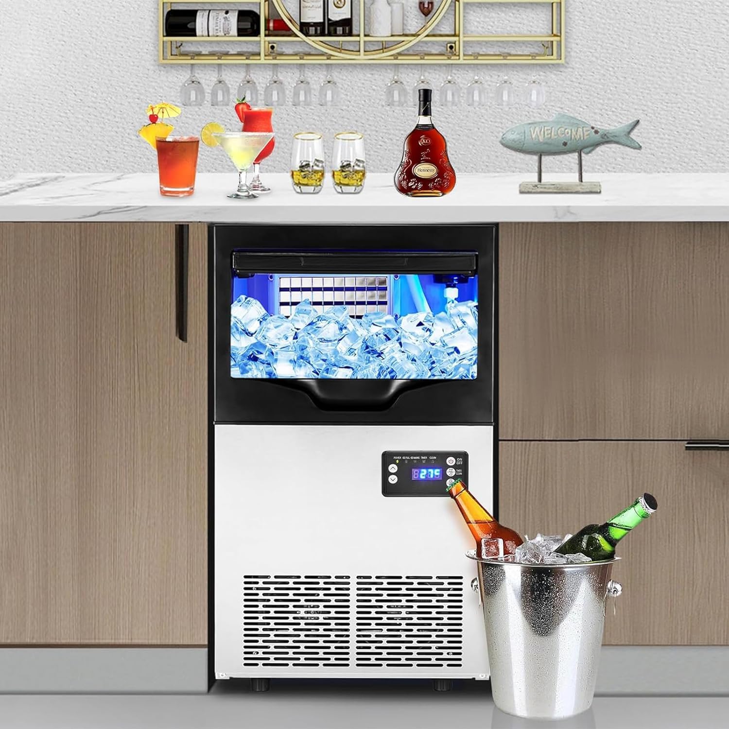 Commercial Ice Maker Machine 100 Lbs/24H, Stainless Steel Freestanding Ice Machine with 33LBS Storage Bin - Fast Ice Production in 5-15 Minutes - Under Counter Ice Maker for Restaurants, Bars, Coffee Shops & Home Use - Perfect for Beverage Service, Parties & Commercial Kitchens - Ideal for Cocktail Bars, Outdoor Events, and Catering Services
