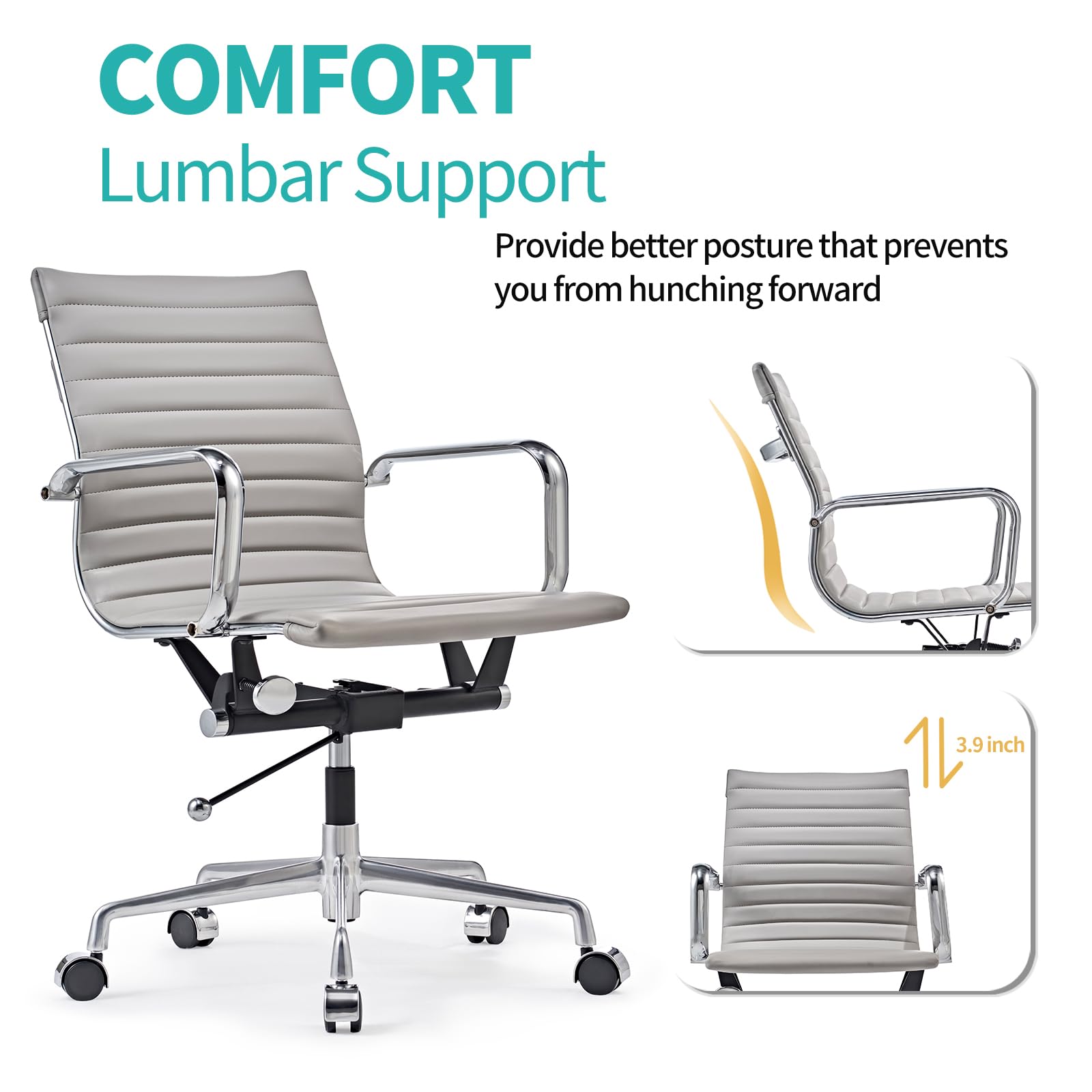 Ergonomic Office Chair with Mid Back Support & Armrests - Adjustable Swivel Vegan Leather Desk Chair for Receptionists - Grey - Perfect for Home Office, Workstations & Conference Rooms