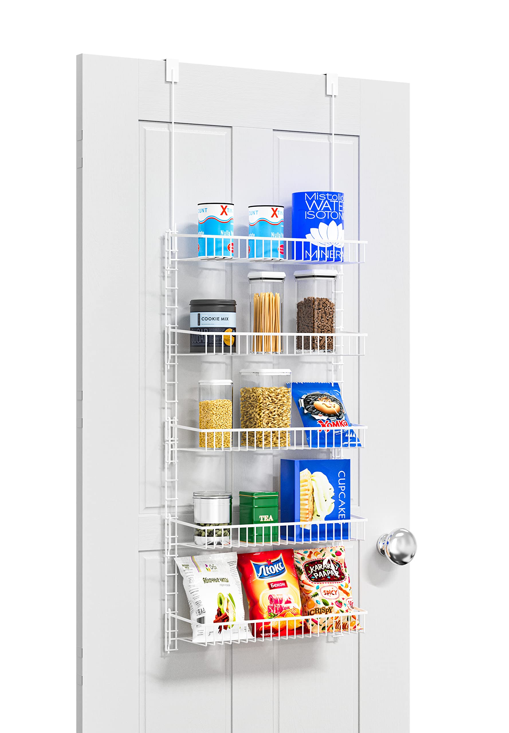 Qboid SP Over The Door Pantry Organizer - 5 Adjustable Shelves - Alloy Steel Metal Hanging Storage Rack - Wall Mount for Kitchen, Spices, Cans, Closet & Bathroom Organization - White - Perfect for Small Space Storage & Home Organization