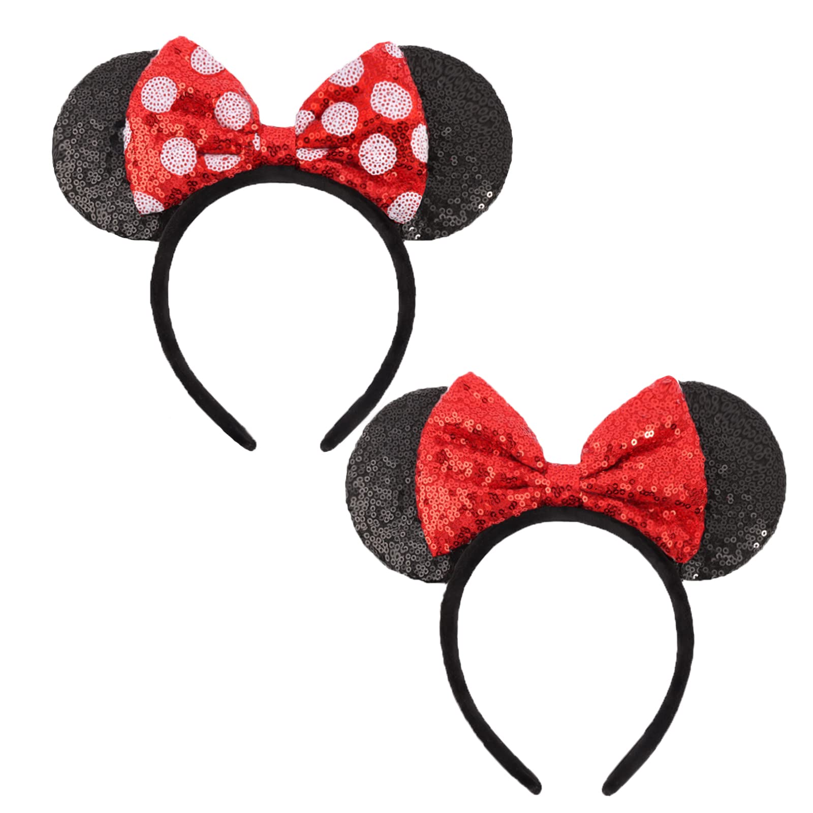 Sparkly Sequin Mouse Ear Headbands for Women & Girls - 2 Pack Classic Bow Headbands (Red Sequin & Red Dot) | Perfect for Disney Trips, Cosplay, Halloween & Theme Parties