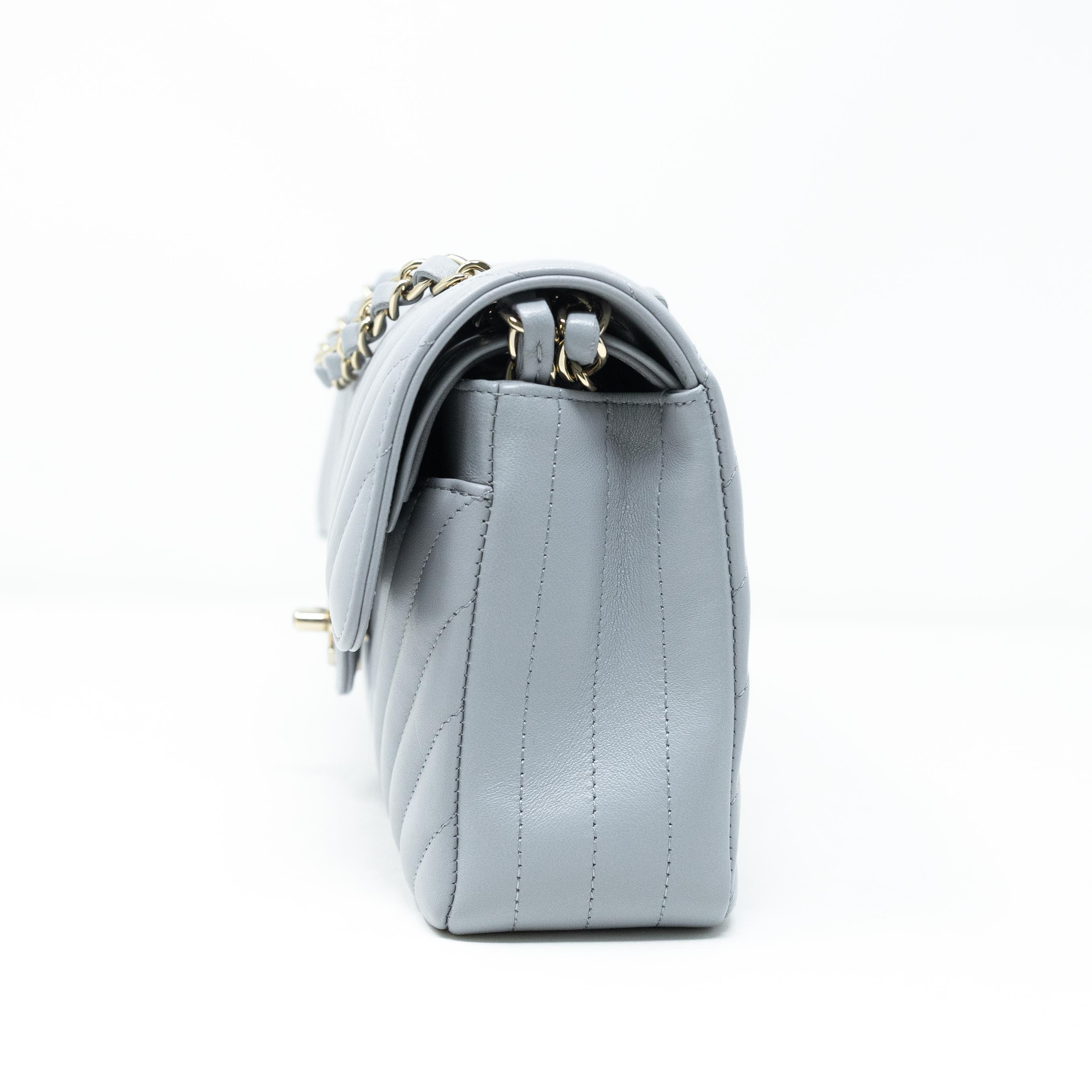 Chanel Grey Chevron Small Classic Flap Bag - Luxury Quilted Leather Crossbody Purse for Women | Perfect for Date Night, Parties & Special Occasions