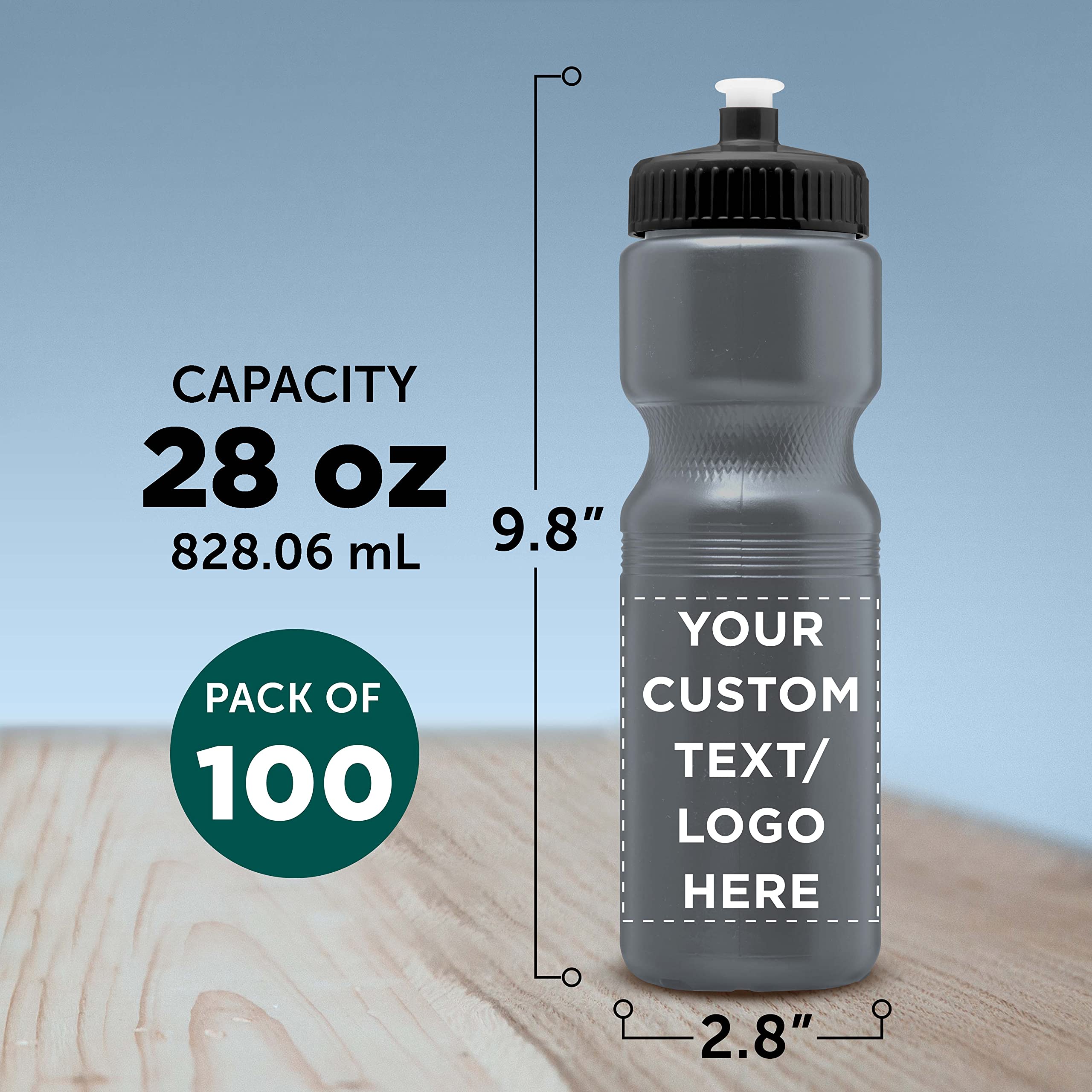 28 oz Custom Push Cap Plastic Water Bottles - Bulk Pack of 100 - Personalized Water Bottles for Gym, Hiking, Camping & Outdoor Sports - Durable & Reusable - Ideal for Team Events, Corporate Gifts & Promotional Giveaways - Silver