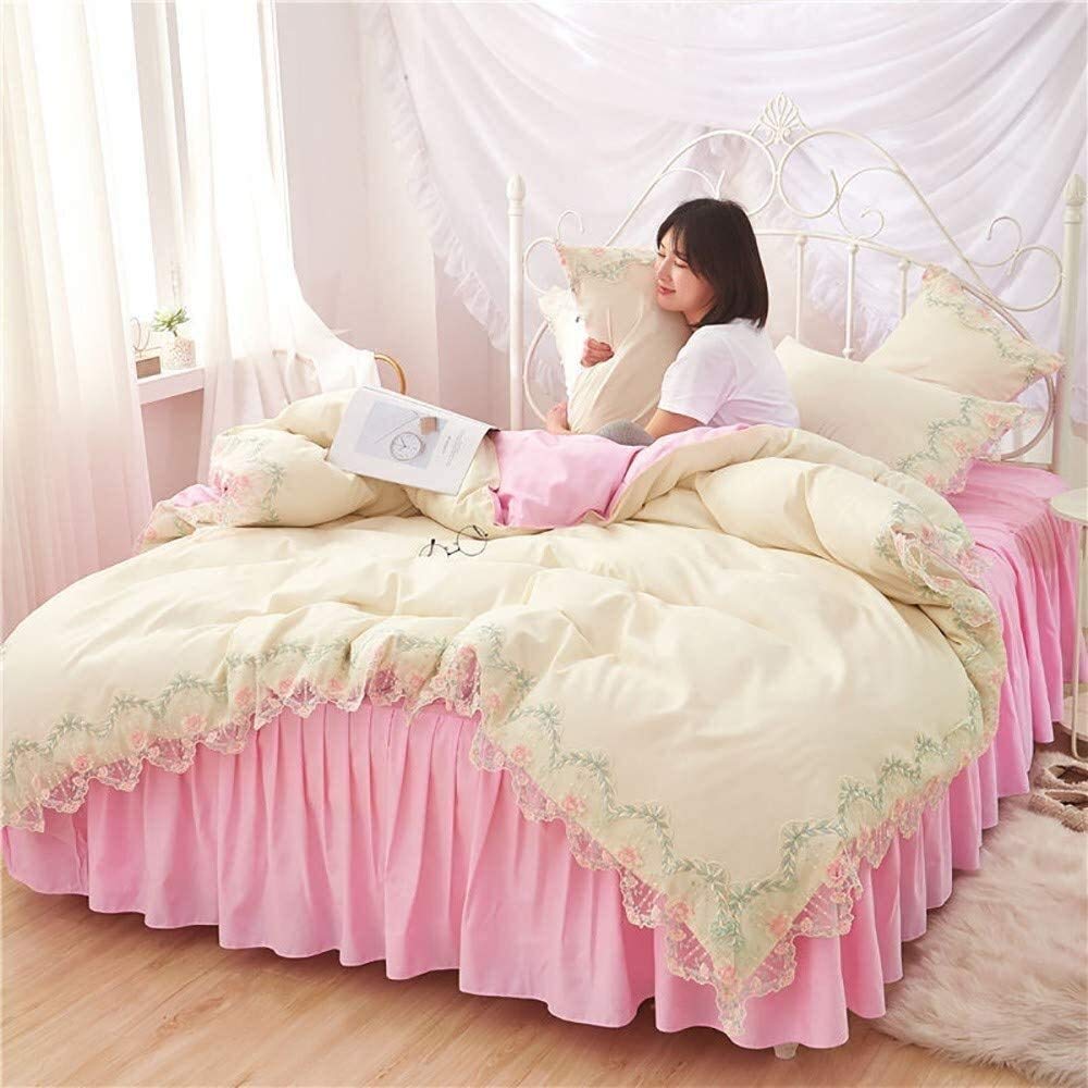 Dust-Proof 4-Piece Bed Skirt Set - Stylish Washed Microfiber with Multi-Ruffle Lace Trim, Fitted Sheet & Decorative Drop - Perfect for Master Bedroom, Guest Room & Hotel Decor