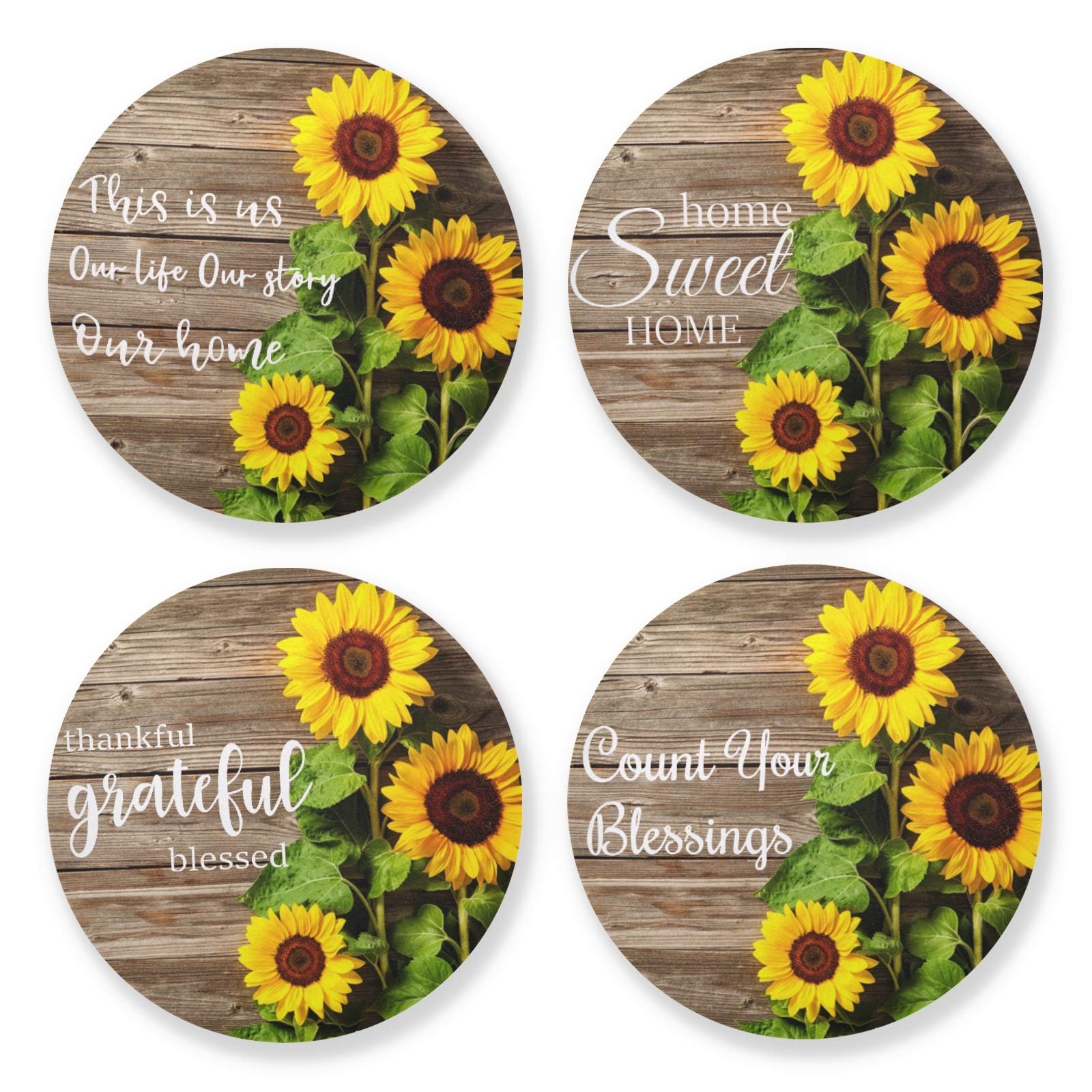 Sunflower Wood Coasters Set of 4 - Natural Wood Drink Coasters with Cork Backing for Dining Table, Home Decor & Housewarming Gifts - Perfect for Coffee Tables, Kitchen Countertops & Outdoor Entertaining